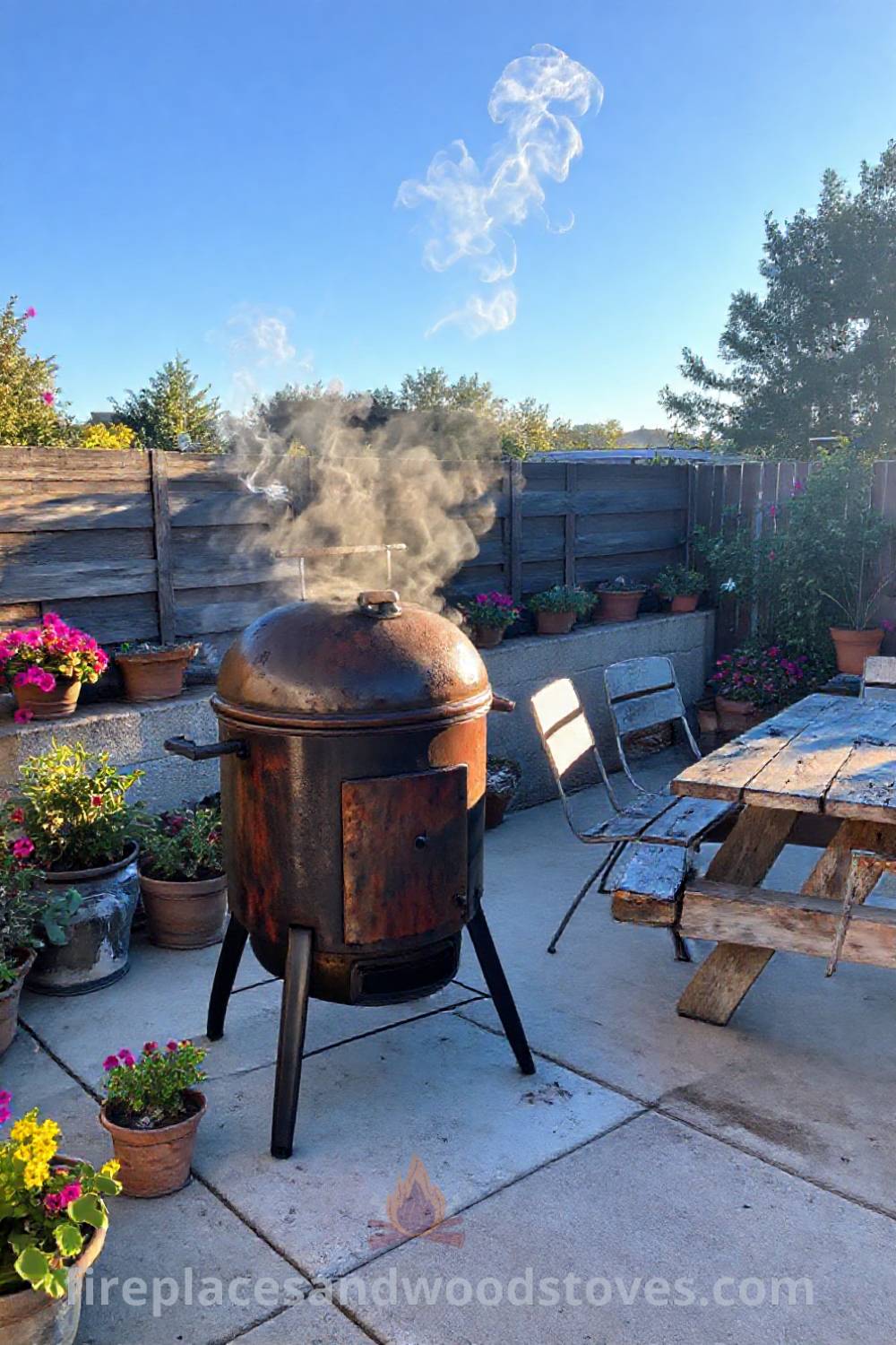 Outdoor barbecue smoker on a concrete patio surrounded by vibrant potted plants and a rustic picnic table, creating a cozy and inviting space for gatherings and delicious meals. Visit patioandhomefurniture.com for incredible outdoor design inspiration.