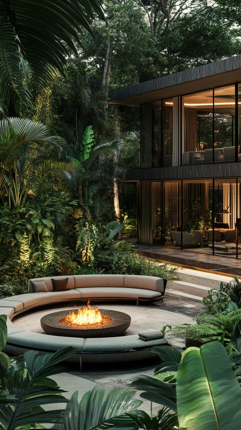 A modern house nestled in a dense jungle, featuring a fire pit and seating area surrounded by lush tropical plants and glass walls allowing ample natural light.