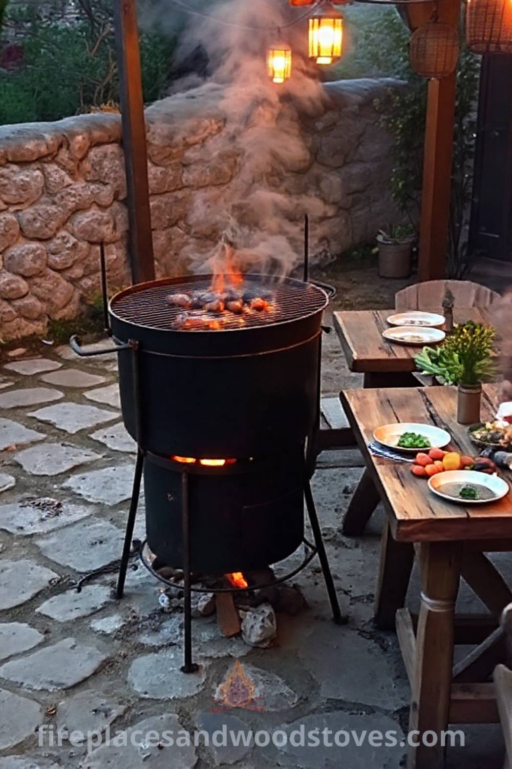 Turkish mangal barbecue on a rustic stone patio with bright embers, surrounded by fresh vegetables and a wooden table, creating a cozy outdoor dining experience. Visit patioandhomefurniture.com for incredible ideas that will wow your guests.