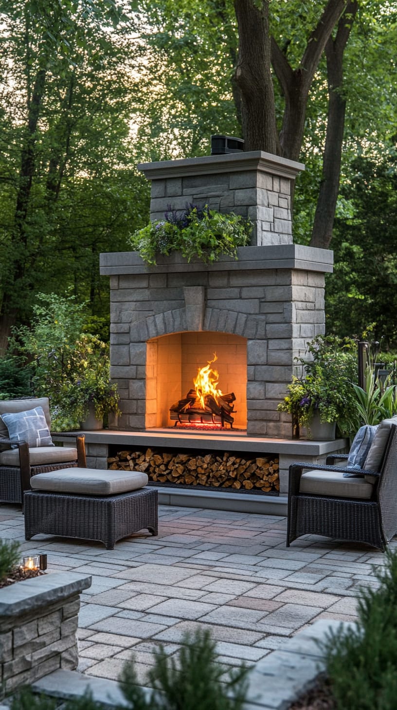 A large stone outdoor fireplace with a burning fire, surrounded by a seating area and lush plants, creating a cozy atmosphere for gatherings.