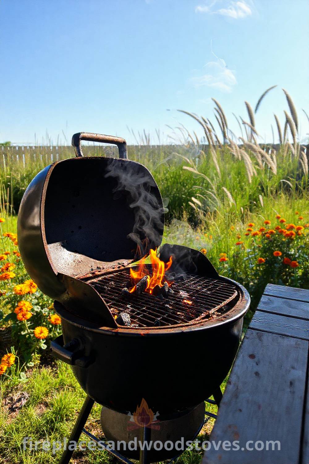 Classic charcoal grill barbecue in a sun-drenched backyard surrounded by marigolds and tall grasses, embodying a cozy atmosphere ideal for summer cookouts. Visit patioandhomefurniture.com for stylish outdoor ideas that will wow your guests.
