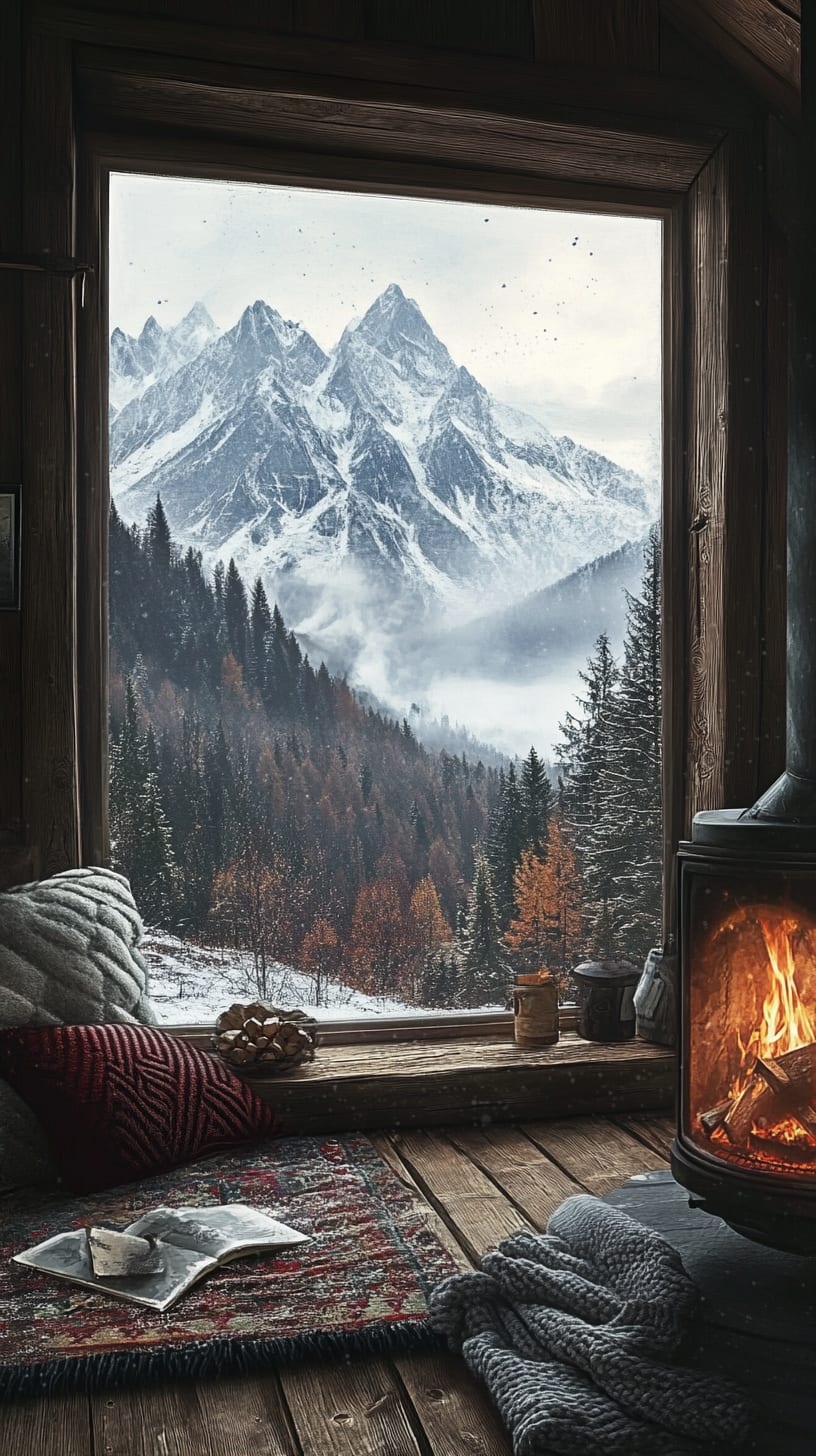 A cozy cabin with a fireplace, soft blanket, and a view of snowy mountains through the window, creating a warm and inviting atmosphere.