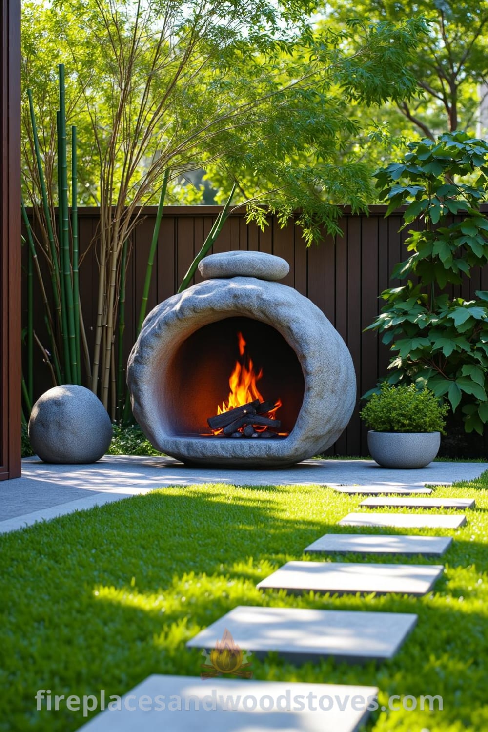 Japanese Zen outdoor fireplace made of smooth stones blending into a tranquil garden with bamboo, soft orange flames, and a stone pathway inviting guests to enjoy cozy ideas and inspiring decor ideas at fireplacesandwoodstoves.com.