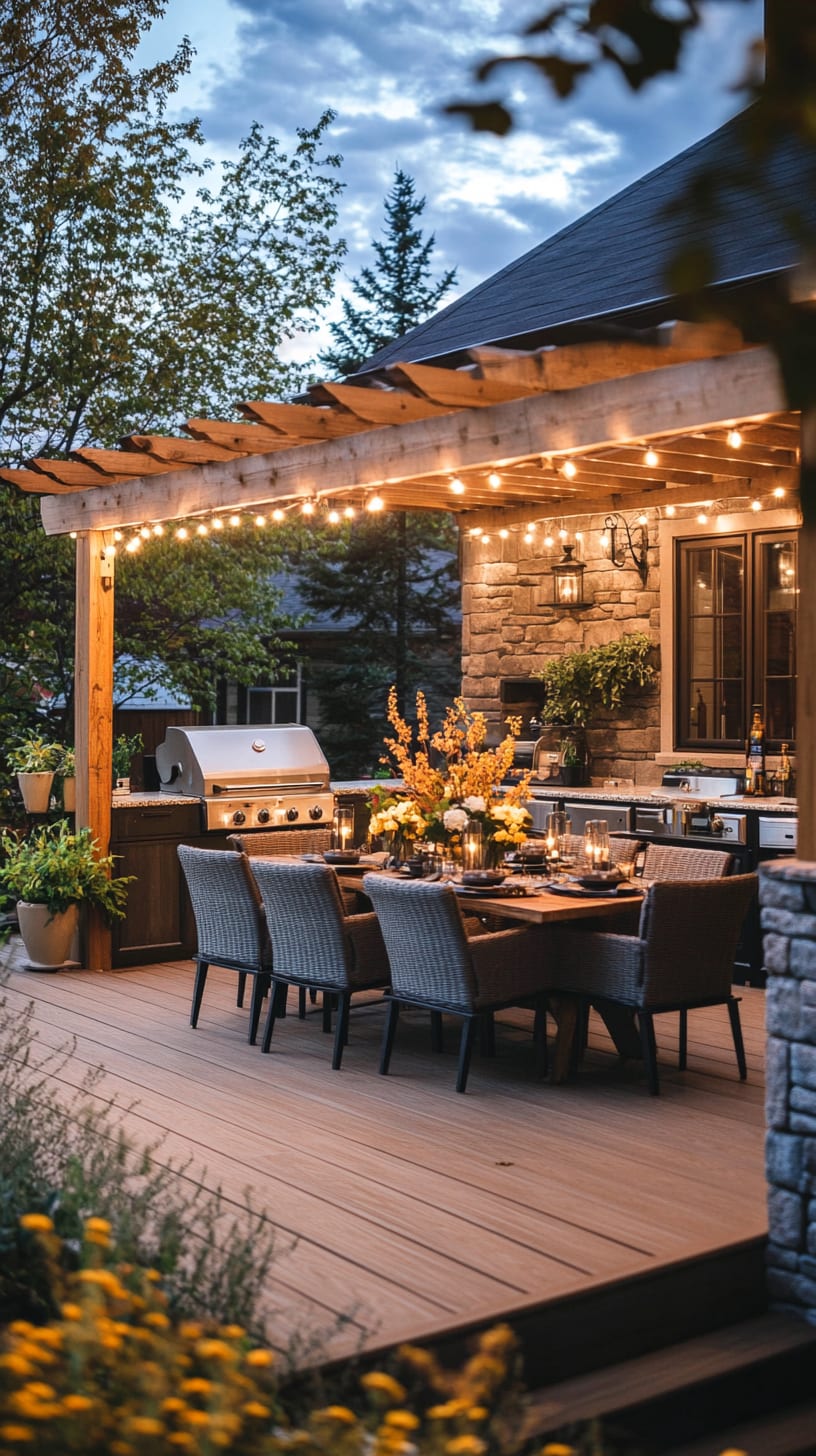 A cozy outdoor dining area with string lights, a wooden deck, and a grill, set at dusk in a serene backyard.