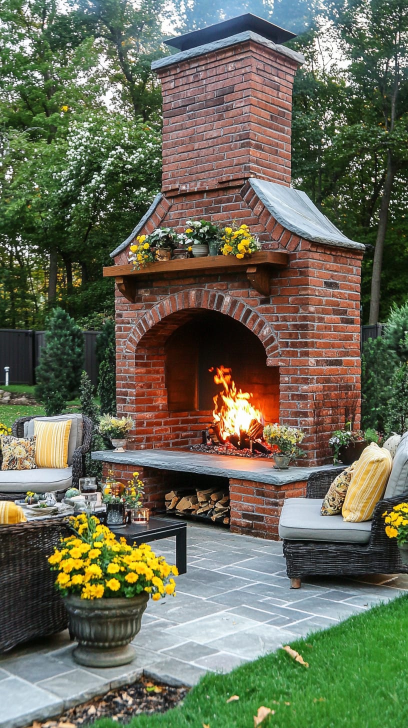 A red brick outdoor fireplace surrounded by comfortable chairs and yellow flowers, creating a cozy and inviting atmosphere in a backyard garden.