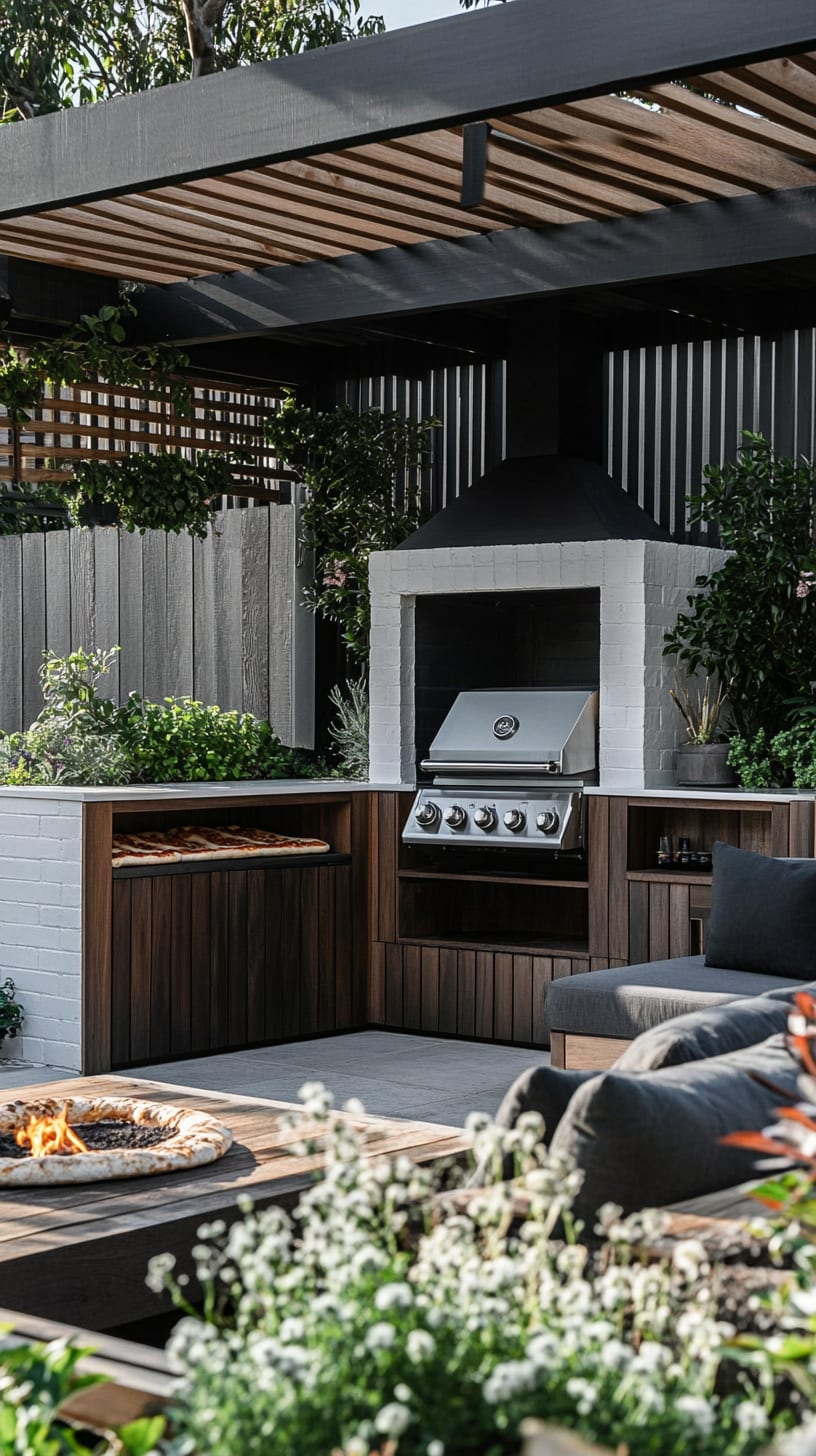 A modern outdoor kitchen featuring a grill and seating area, surrounded by lush plants and a fire pit, all enclosed by a stylish white fence.