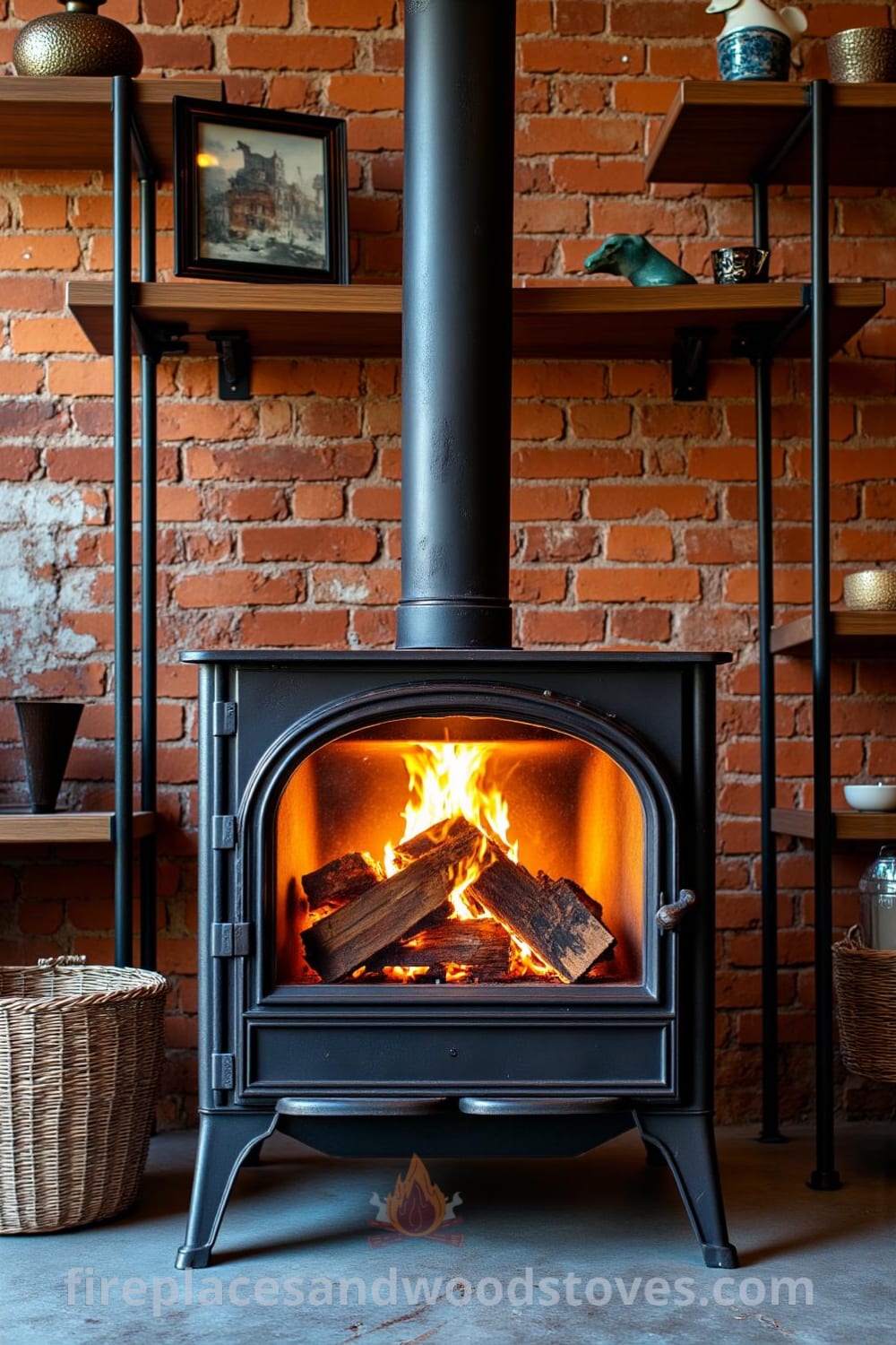 Industrial metal pipe woodstove fireplace against exposed brick walls, featuring a warm glowing fire, surrounded by wooden shelves, vintage decor, and urban art, creating a cozy yet edgy atmosphere perfect for home inspiration, from fireplacesandwoodstoves.com.
