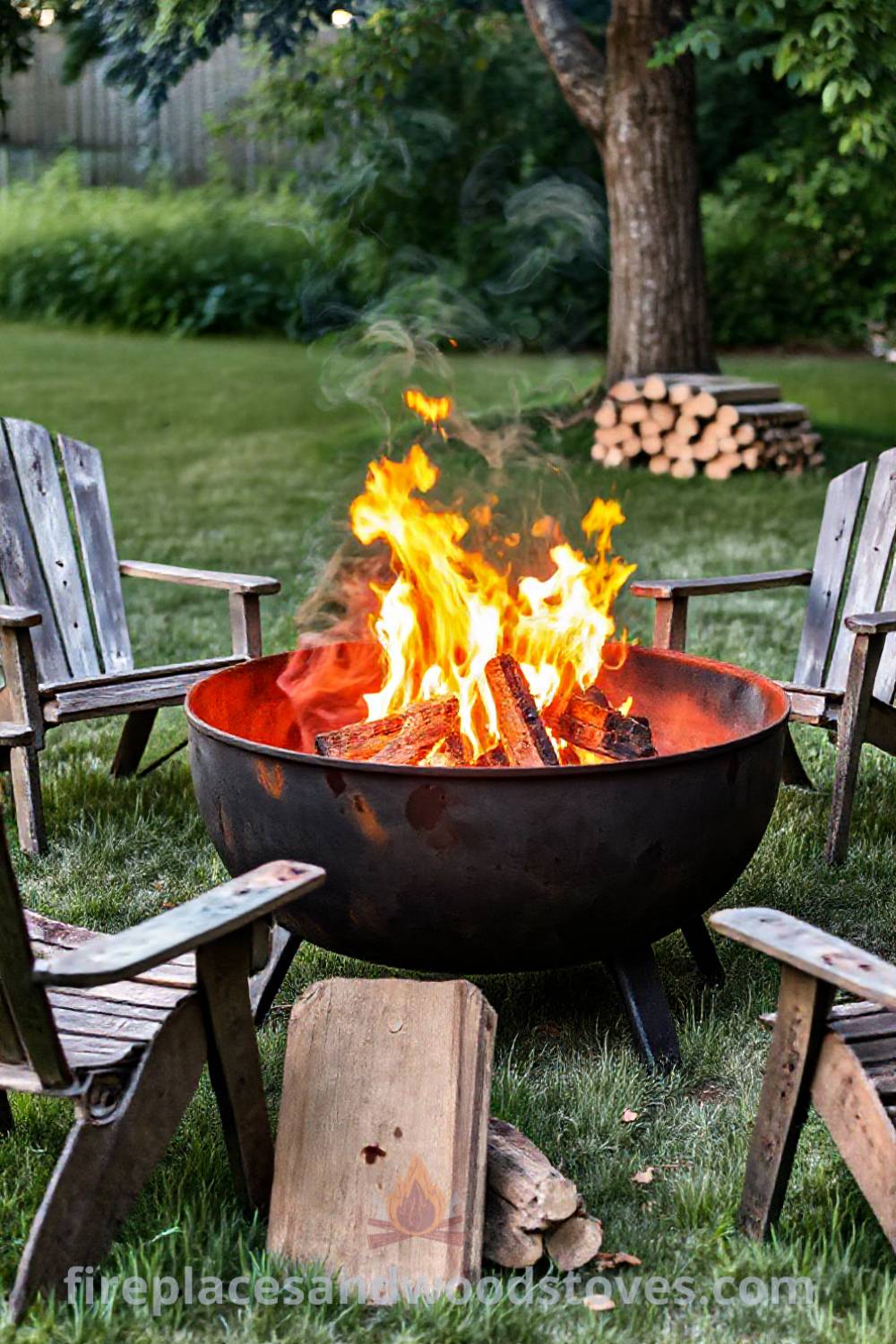 Durable wood-burning metal fire pit in a cozy backyard setting with mismatched chairs, flickering flames, and a stack of seasoned wood, perfect for evening gatherings. Visit patioandhomefurniture.com for incredible ideas that will wow your guests and transform your backyard into a stylish retreat.