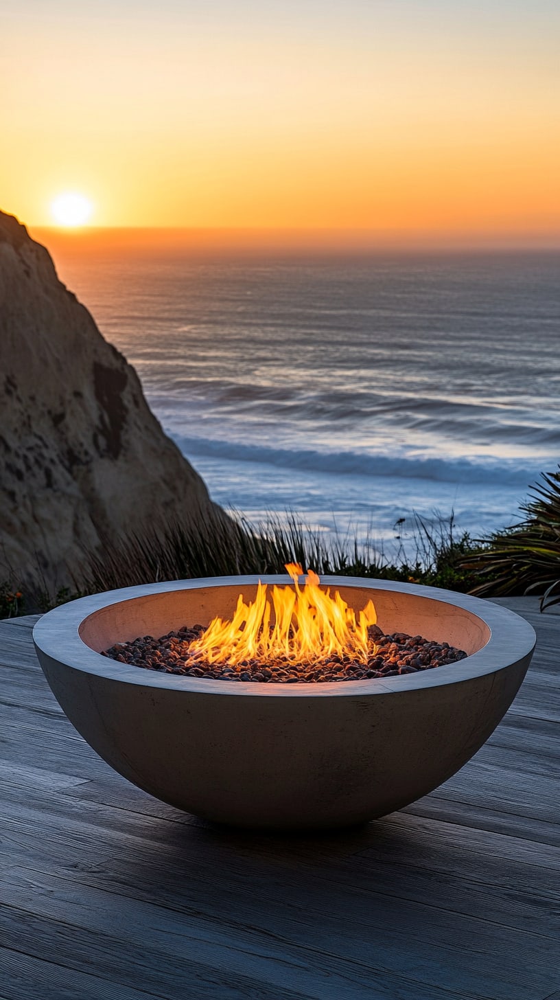 A modern concrete fire pit on a deck overlooking the ocean at sunset, with flames gently dancing inside.