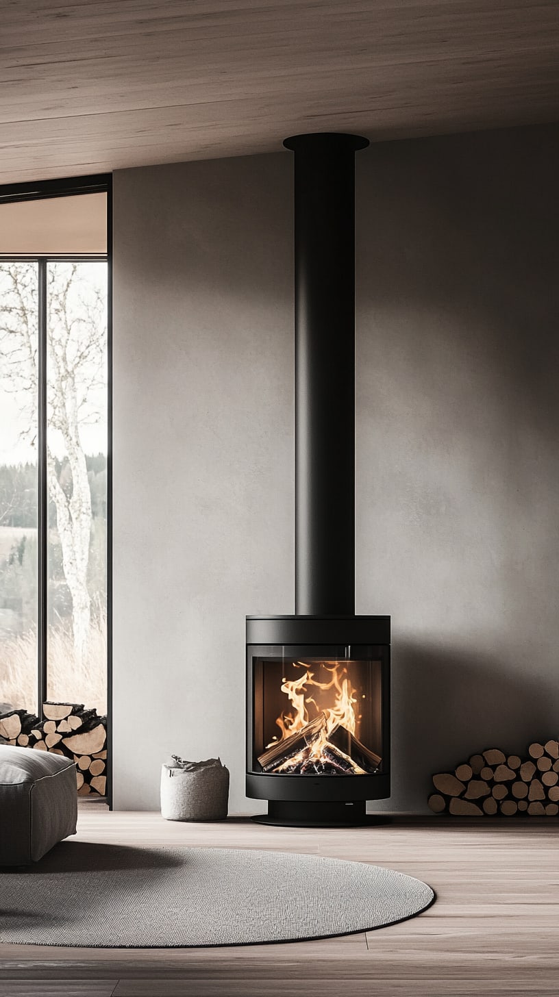 A modern black stove with a cylindrical chimney and flames, positioned in a minimalist living room with light gray walls and large windows showcasing nature.