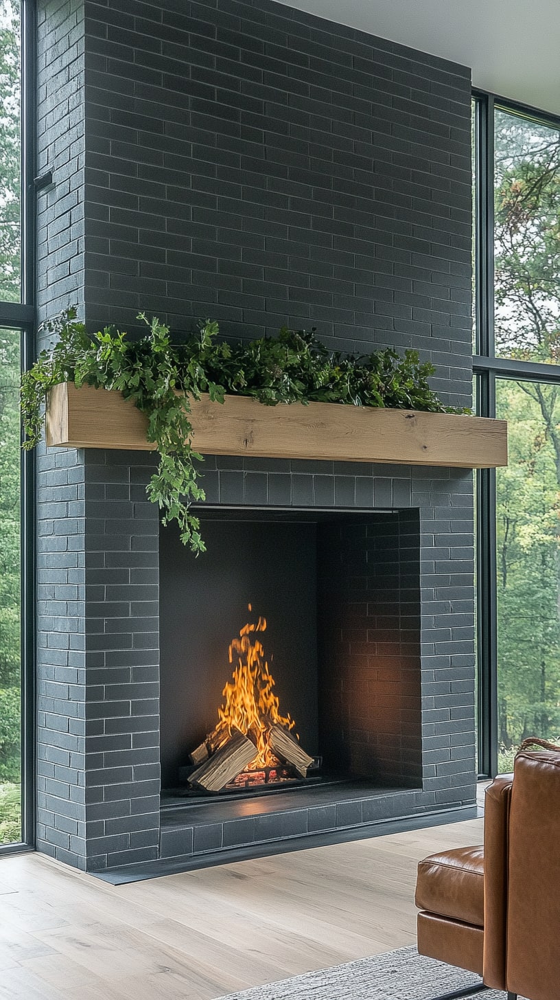 A modern fireplace with dark grey tiles and an oak wood mantel, decorated with greenery, in a spacious living room featuring large windows overlooking a forest.