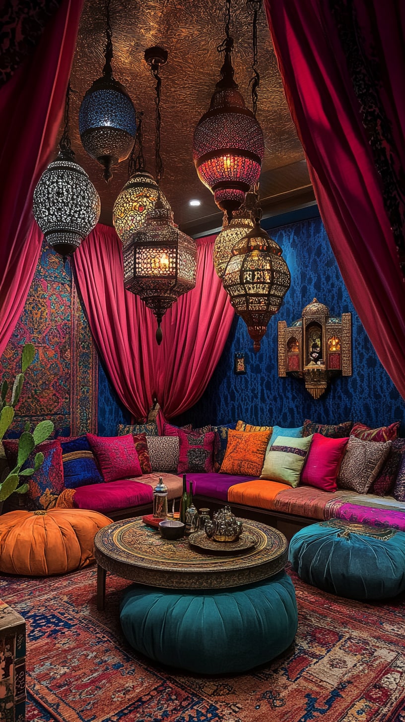 A vibrant Arabian-inspired living room featuring colorful cushions, intricate patterns on the walls, and ornate lanterns creating a warm and inviting atmosphere.