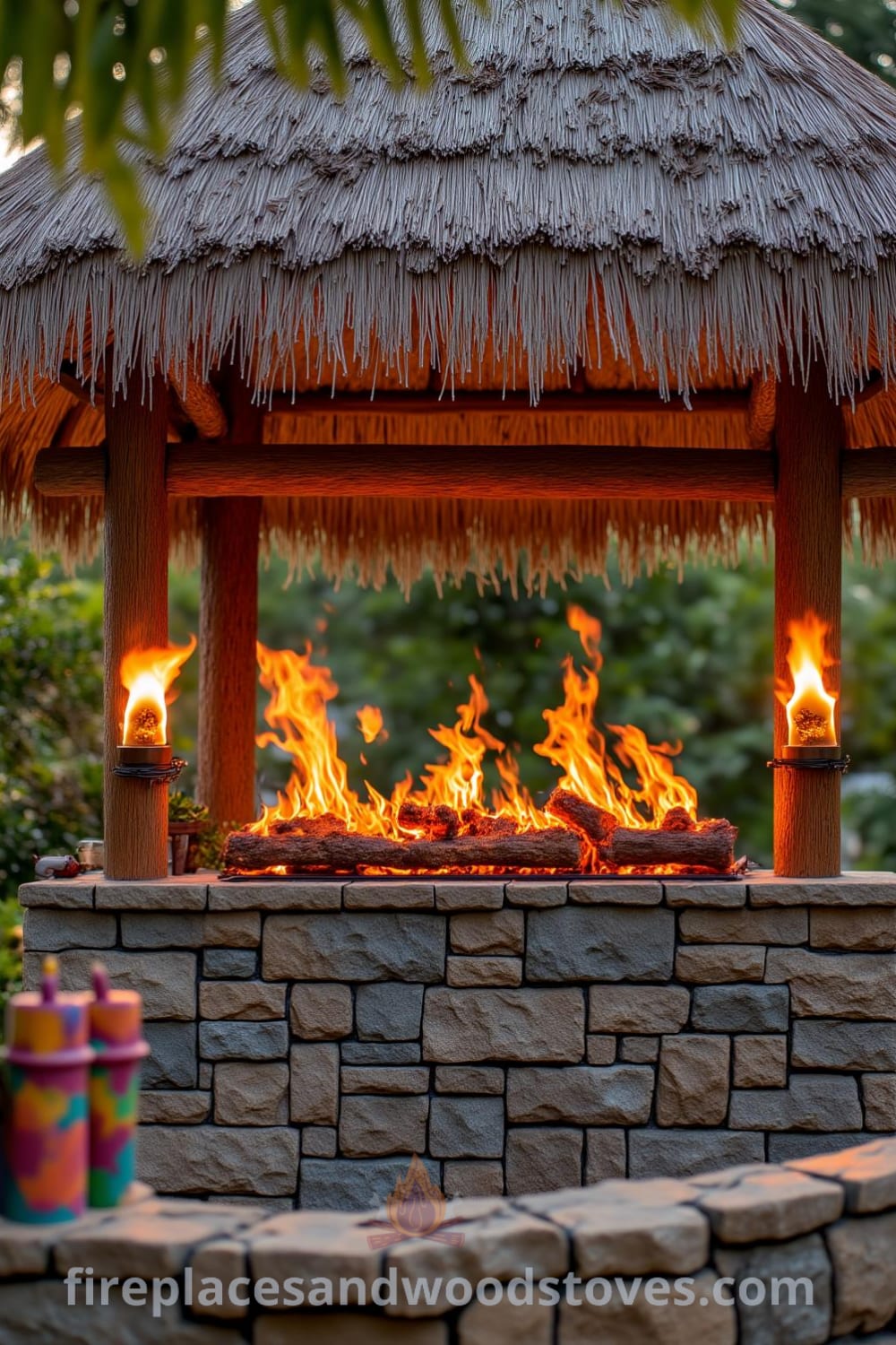 Tropical tiki outdoor barbecue under a palm-thatched roof with a weathered wooden frame, smooth stone base, and colorful tiki torches, creating a cozy atmosphere for gatherings. Visit fireplacesandwoodstoves.com for more cozy ideas and decor inspirations.