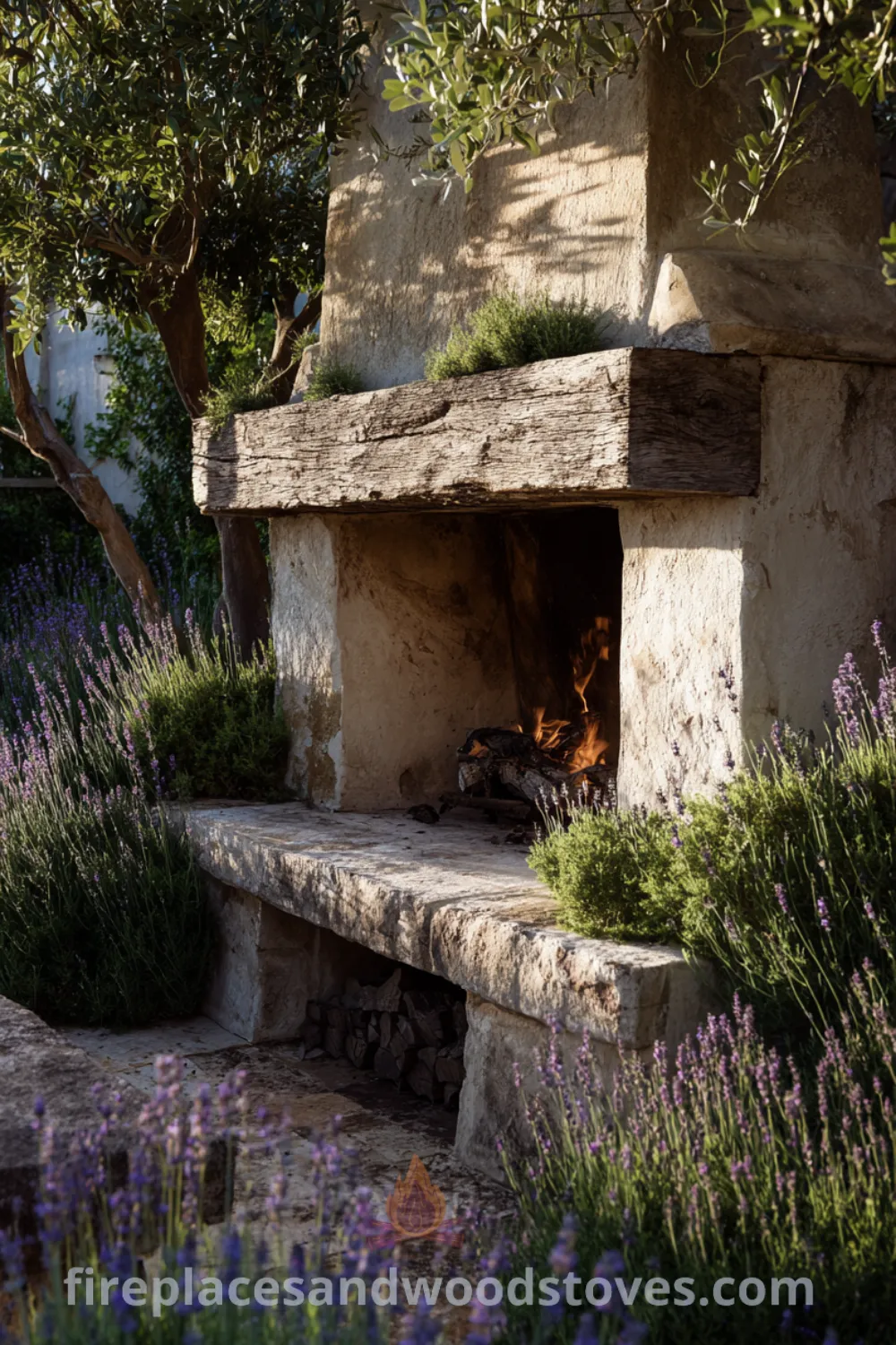 Mediterranean rustic outdoor fireplace surrounded by herbs, featuring reclaimed wood mantel, crackling fire, and inviting glow.