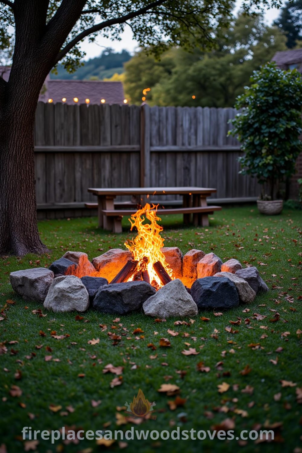Cozy backyard fire pit surrounded by uneven stones, friends enjoying a gathering with warm, flickering flames, and an old wooden bench against a weathered fence, creating an inviting atmosphere for outdoor entertaining at fireplacesandwoodstoves.com.