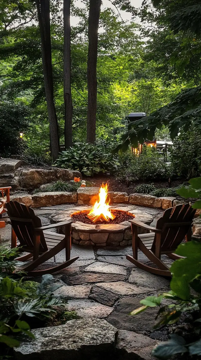 A rustic fire pit surrounded by comfortable wooden chairs in a lush garden, illuminated by warm flickering flames at night.