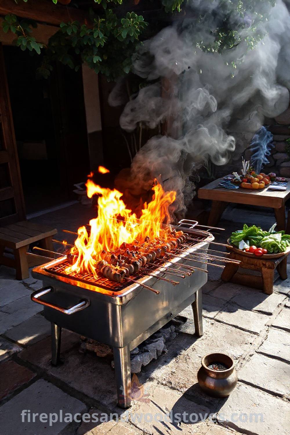 Traditional Turkish mangal barbecue on a stone patio with skewered meats, fresh vegetables, and spices, creating a warm and inviting outdoor atmosphere perfect for gatherings. Visit patioandhomefurniture.com for stylish ideas transforming your backyard into a cozy retreat.