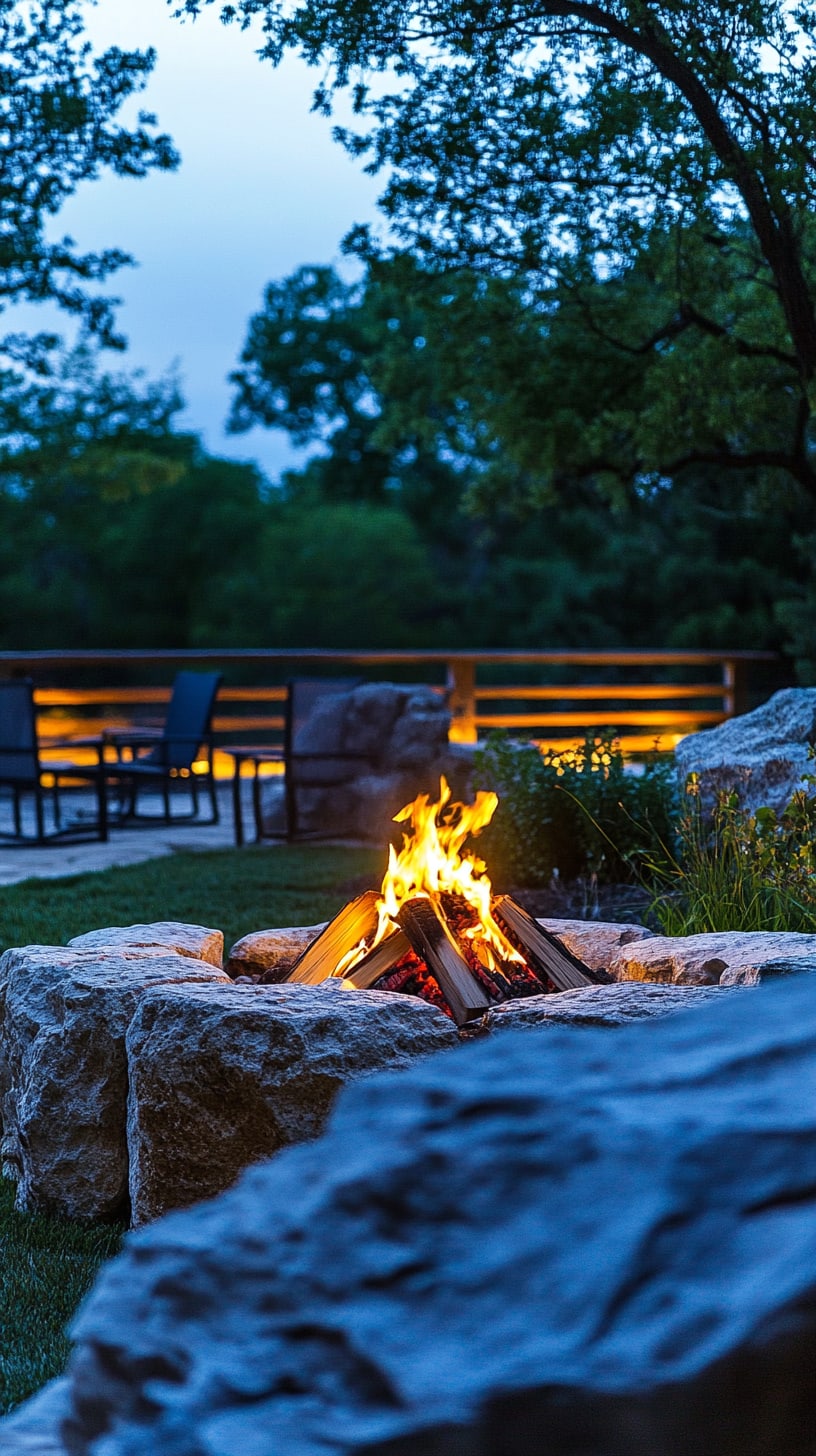 A cozy outdoor fire pit surrounded by large rocks and green grass, featuring wooden benches and trees in the background during the evening.