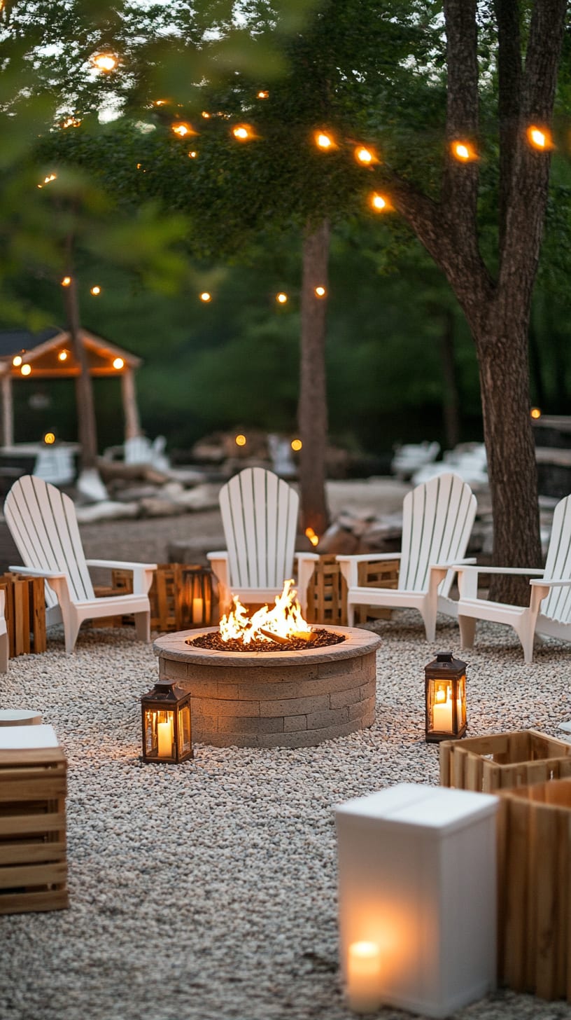 A rustic outdoor fire pit surrounded by white Adirondack chairs, adorned with string lights and lanterns for a warm evening atmosphere.