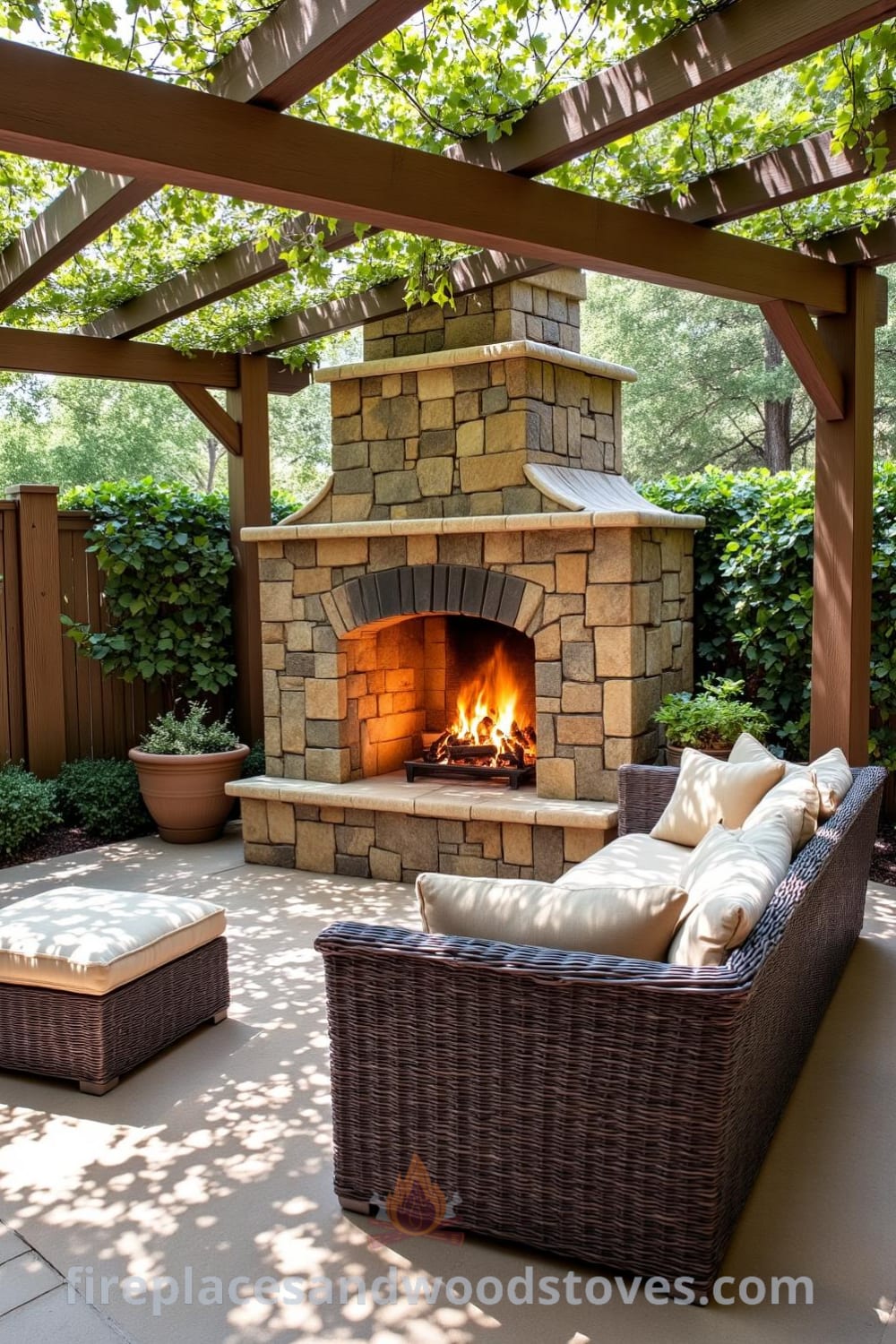 Cozy patio with a pergola-integrated fireplace, weathered wooden beams, plush cushions, and dappled sunlight filtering through leaves, creating an inviting atmosphere for gatherings, featured on fireplacesandwoodstoves.com.