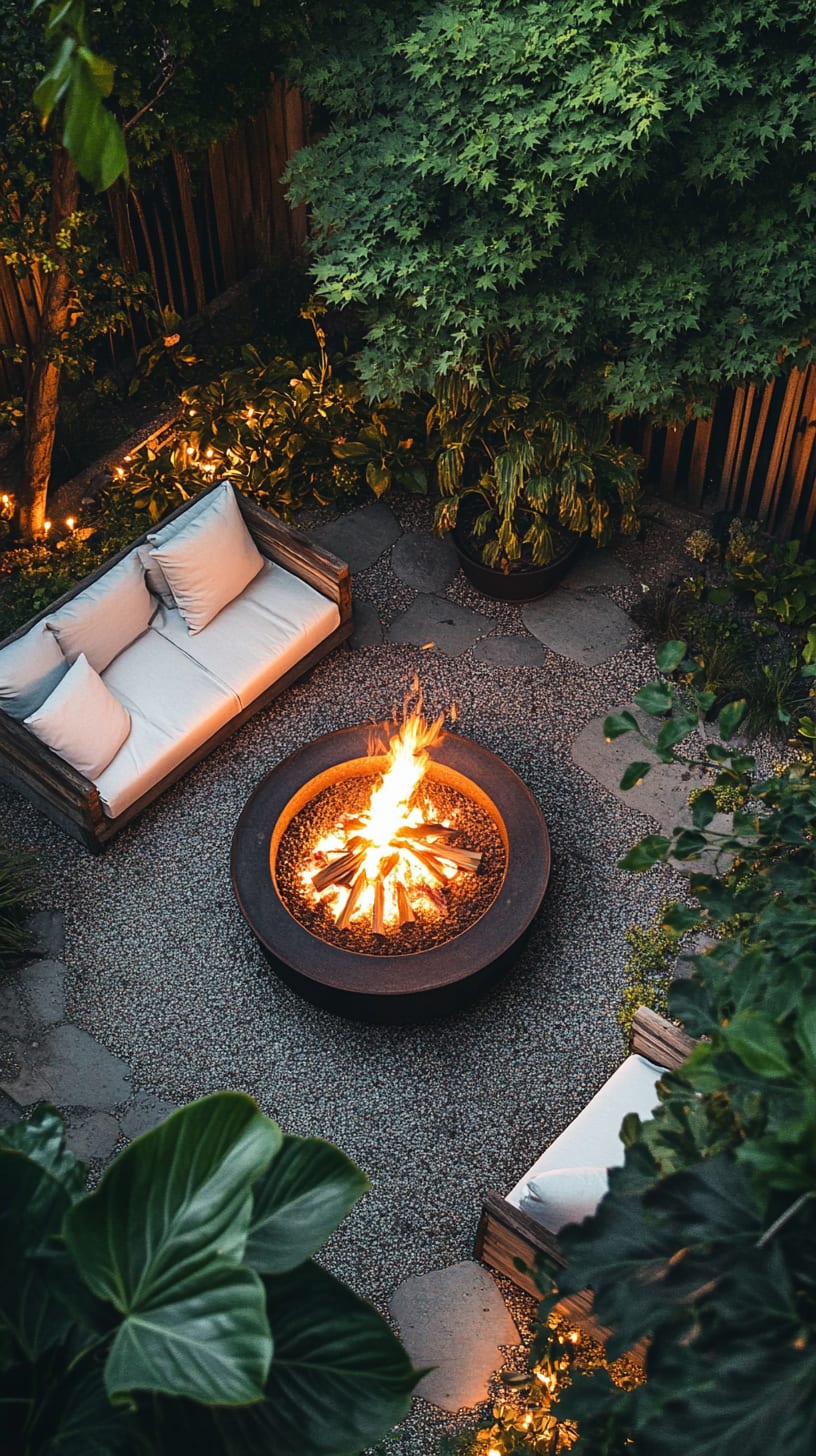 A fire pit in an urban garden surrounded by greenery and white outdoor cushions, creating a cozy evening atmosphere.