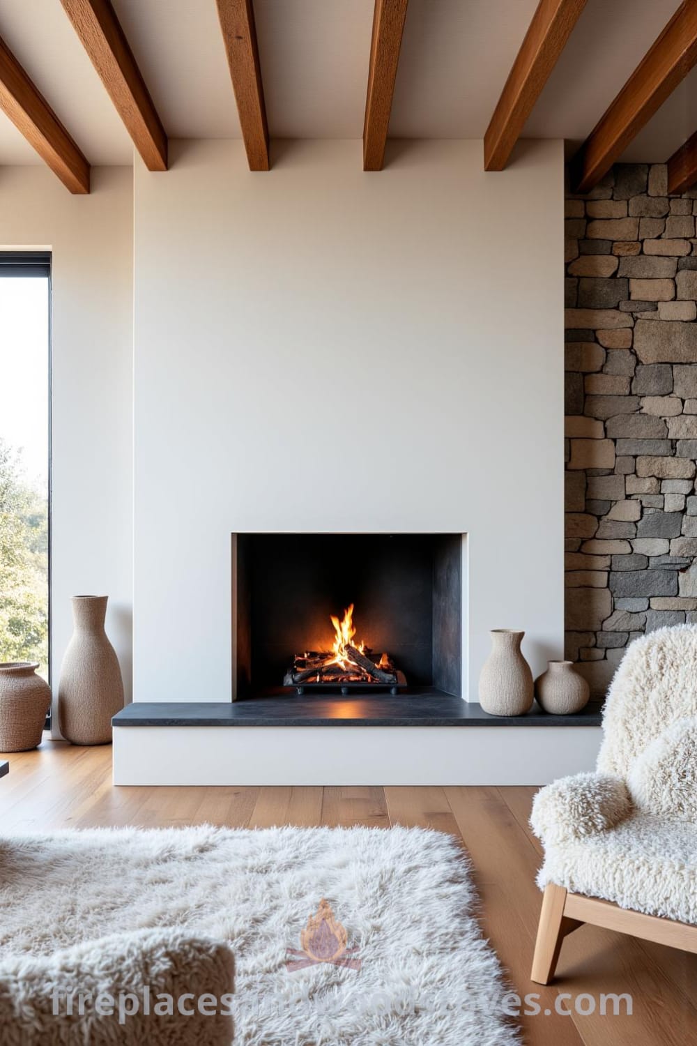 Whitewashed Scandinavian fireplace in a cozy living room with glowing flames, rustic stone wall, oversized plush rug, and handmade pottery on the mantel, offering unique decor inspirations for your home at fireplacesandwoodstoves.com.