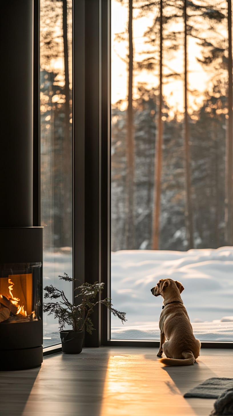 A golden retriever sitting on the floor in front of large windows, looking out at a snowy forest, with a glowing fireplace in a Scandinavian-style interior.