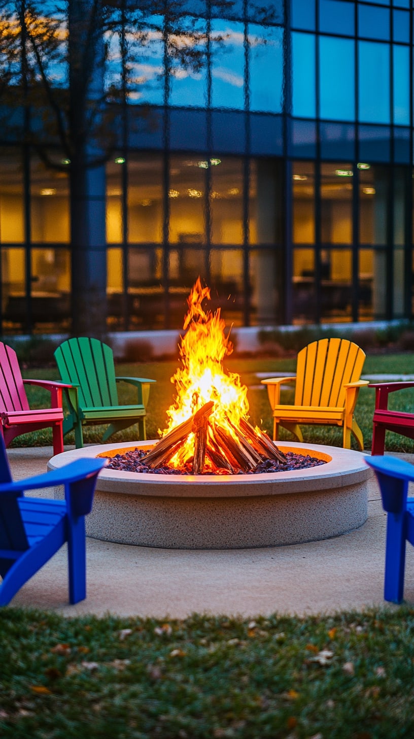 An outdoor fire pit with colorful chairs arranged around it, illuminated by a lit bonfire in front of an office building at dusk.