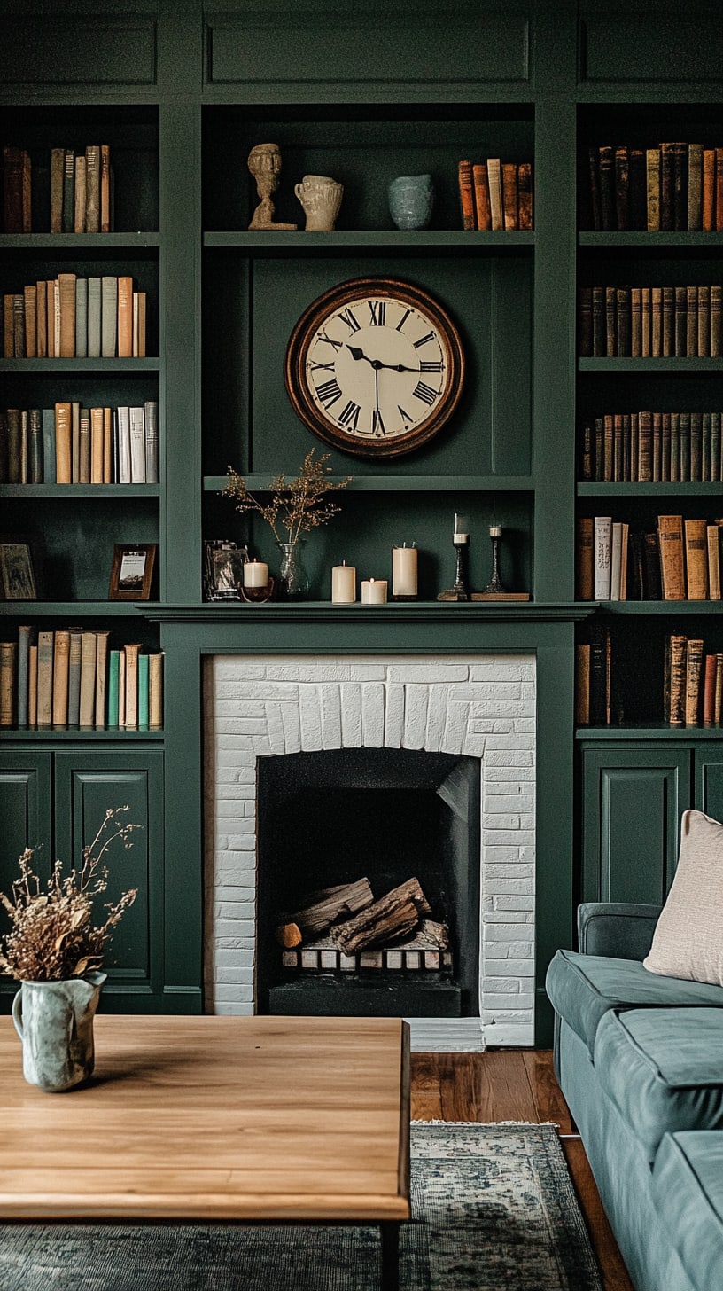 A cozy living room featuring dark green built-in bookshelves, a white fireplace, and vintage books arranged on the shelves, creating an inviting and warm atmosphere.