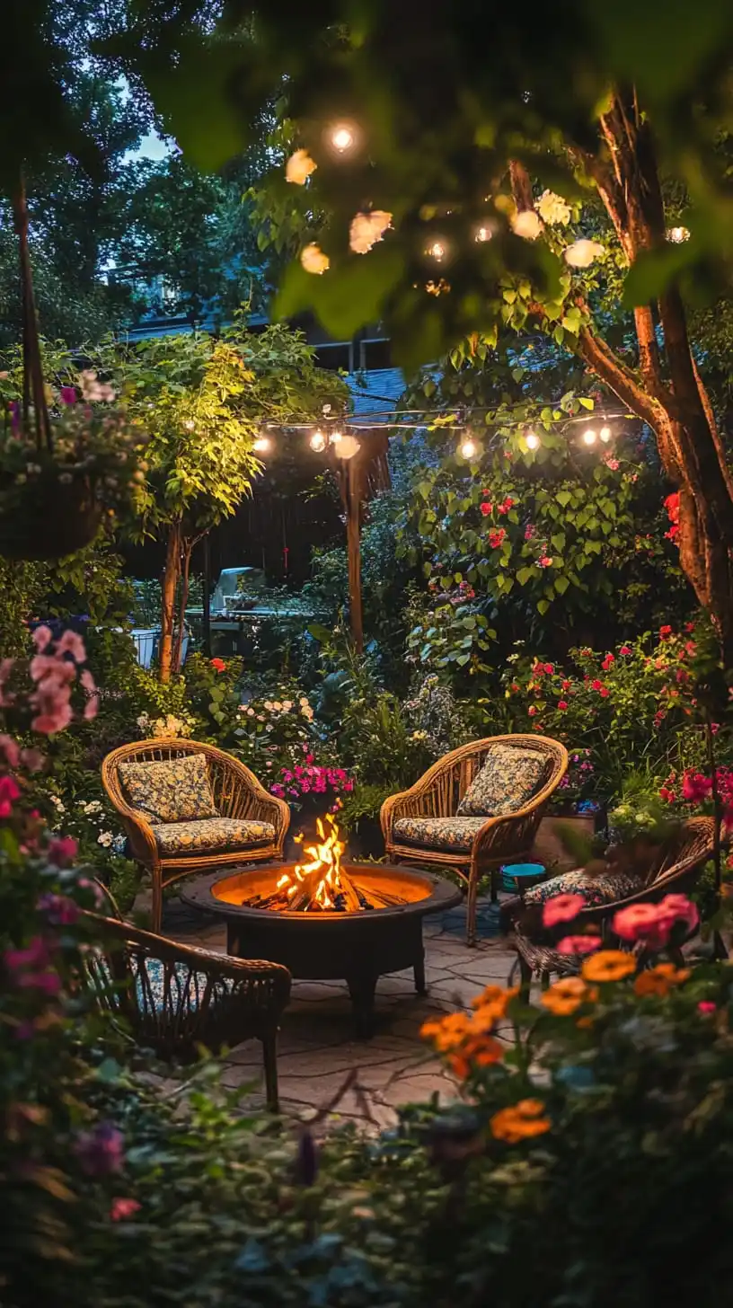 A cozy garden scene at night with comfortable chairs around a fire pit, surrounded by greenery and flowers, illuminated by string lights.