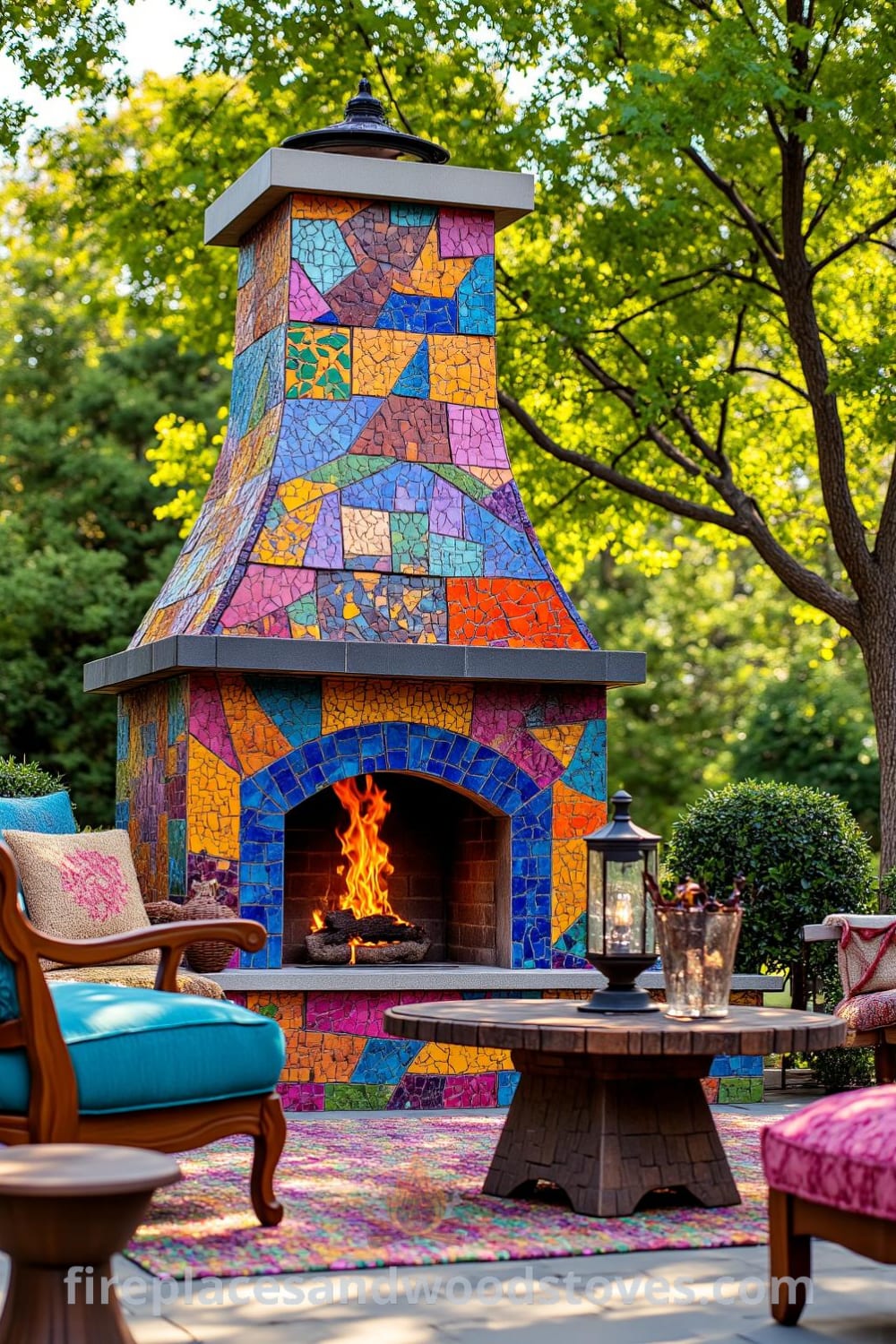 Bohemian mosaic fireplace on a stone patio with colorful tiles and flickering flames, surrounded by mismatched seating under dappled light, offering cozy ideas for your home; visit fireplacesandwoodstoves.com for design ideas and inspirations.