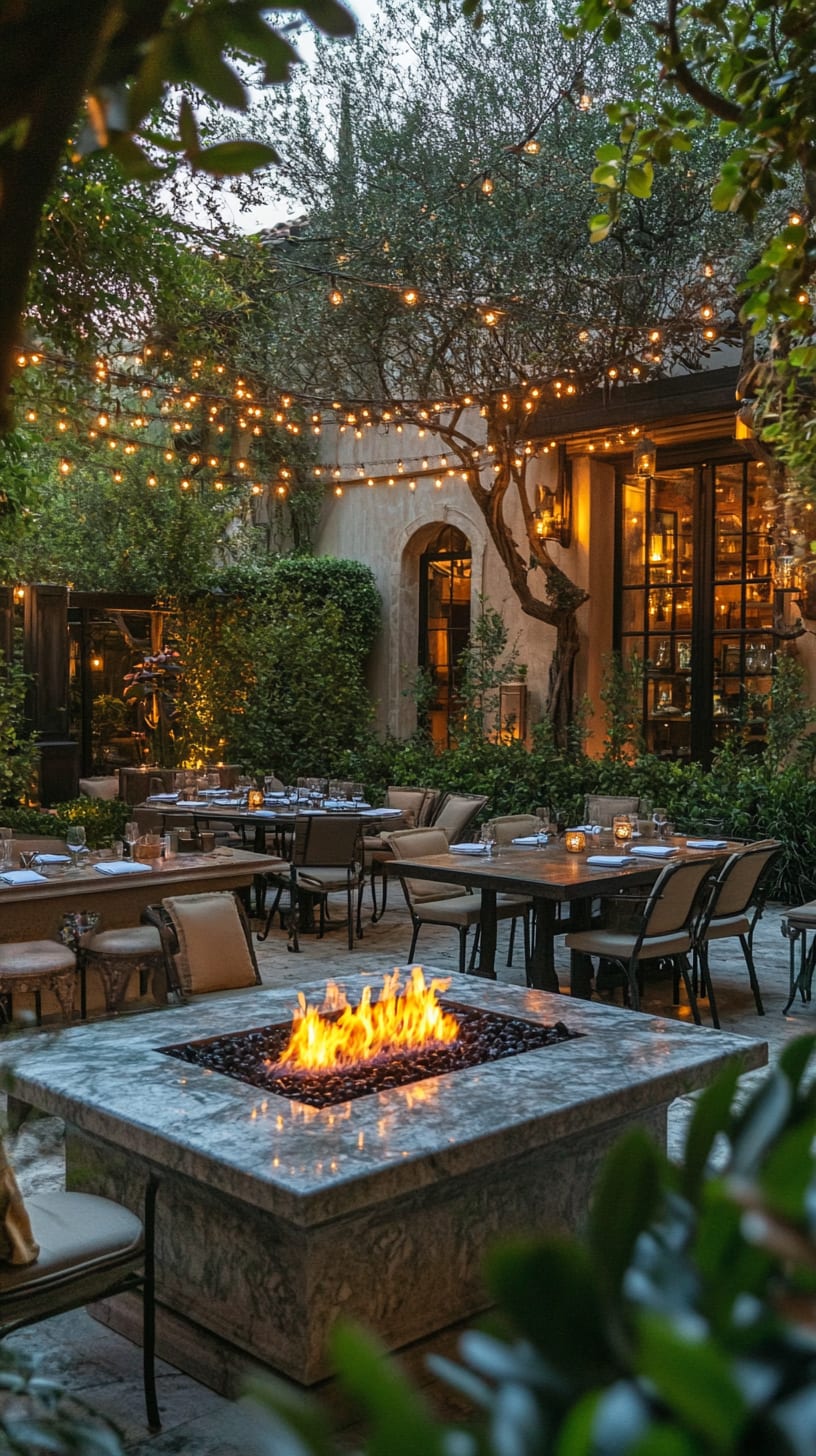 An elegant outdoor dining area with stone fire pits, surrounded by olive trees and twinkling string lights, set in a cozy atmosphere perfect for evening gatherings.