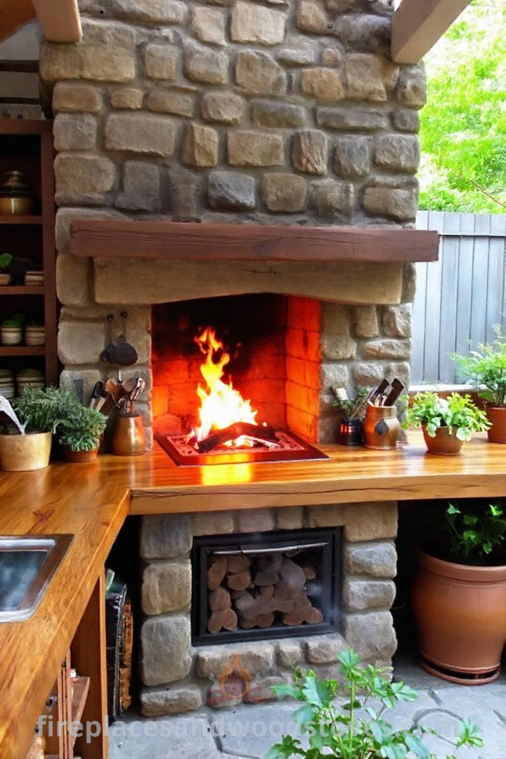 Outdoor kitchen with a stone structure and wood-burning fireplace, showcasing a rustic timber countertop adorned with utensils and herbs, creating a cozy and inviting atmosphere for gatherings. Visit patioandhomefurniture.com for stylish and creative outdoor design inspiration.