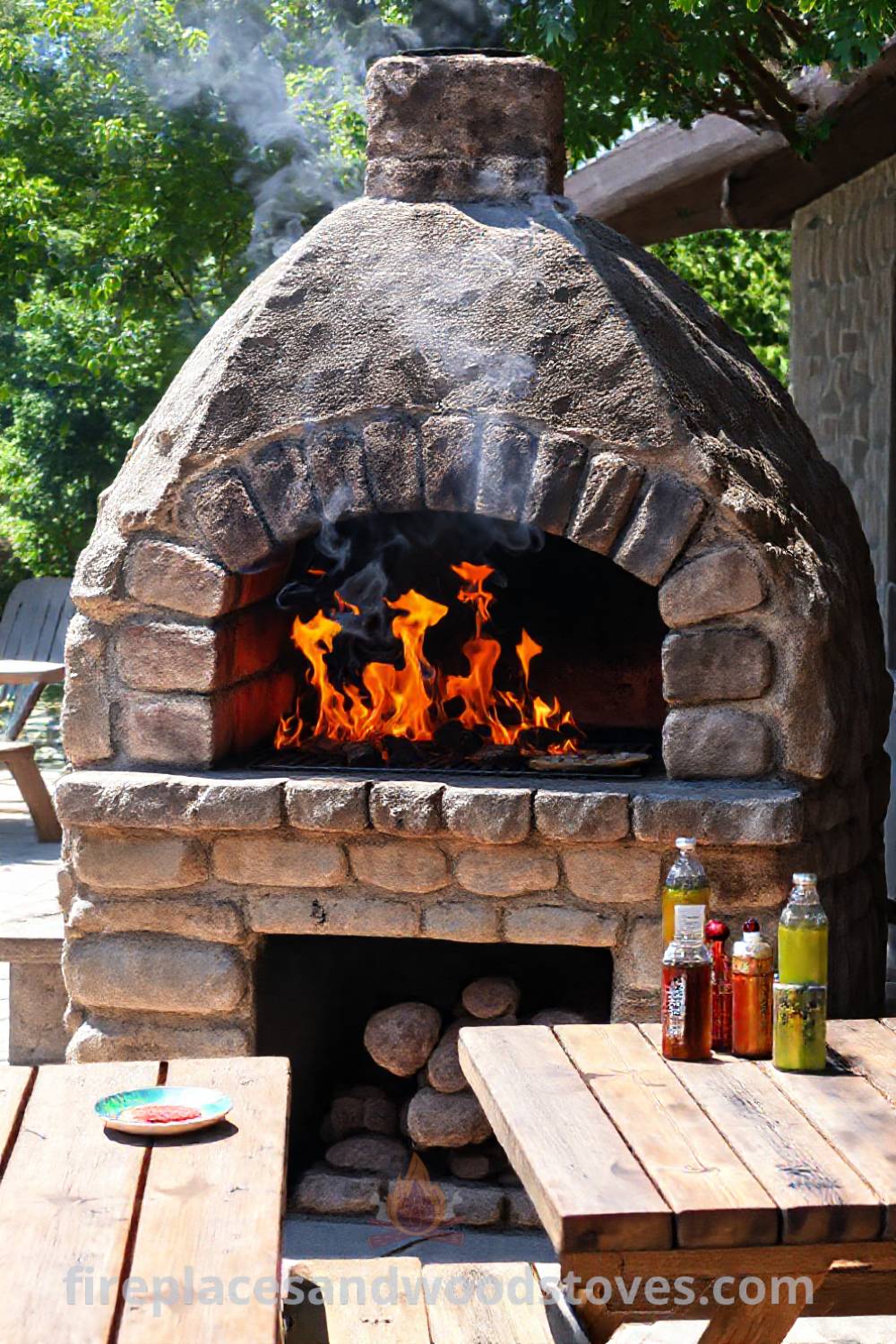 A sturdy stone BBQ oven on a sunlit patio, surrounded by simple wooden picnic tables and condiments, creating a cozy outdoor cooking space perfect for gatherings. Visit patioandhomefurniture.com for stylish outdoor design ideas that will wow your guests.