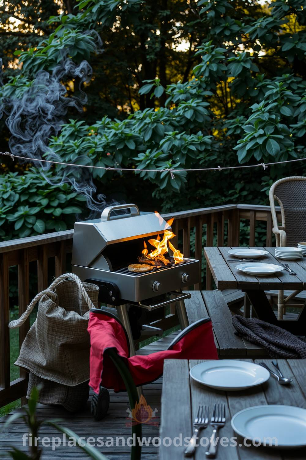 Sturdy barbecue on a wooden deck with flames and smoke, surrounded by lush greenery and a weathered picnic table set for a summer gathering, presented as a cozy and inviting outdoor space, perfect for friends and family at fireplacesandwoodstoves.com.