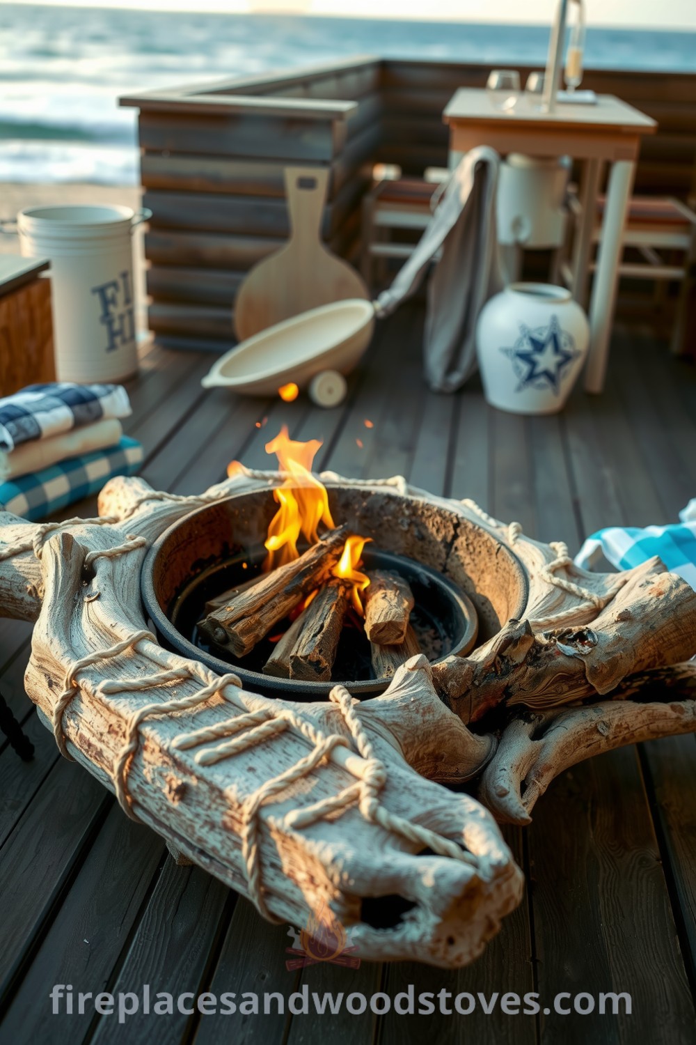 Cozy coastal driftwood outdoor barbecue on a sun-kissed wooden deck surrounded by inviting seating and tattered linen tablecloths, blending perfectly with the seaside ambiance, ideal for gatherings. Discover more inspiring ideas for your home at fireplacesandwoodstoves.com.