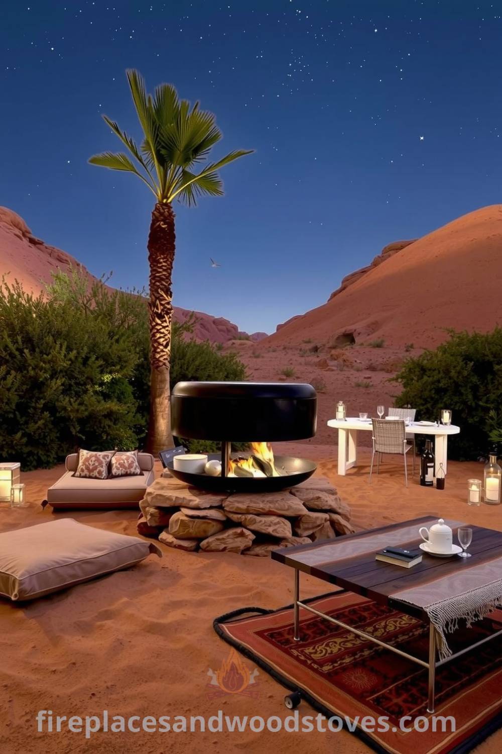 Cozy desert barbecue scene with a rustic wood-burning grill on a sandstone base, surrounded by scattered cushions and a low wooden table, all set in a lush oasis with palm fronds swaying under the starry sky, showcasing cozy ideas from fireplacesandwoodstoves.com.