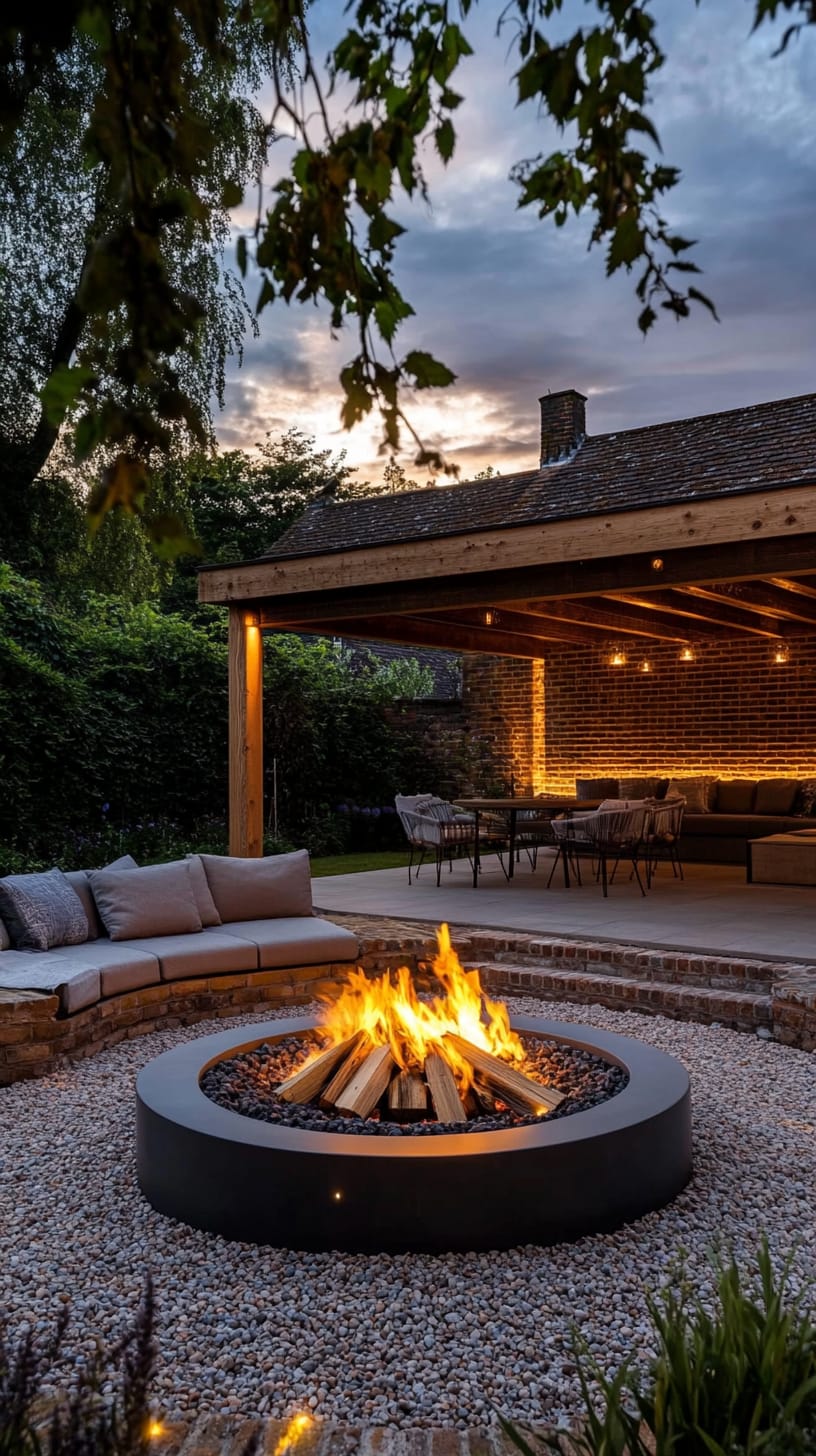 A modern fire pit surrounded by seating and fairy lights, set in an elegant garden pavilion for evening gatherings.
