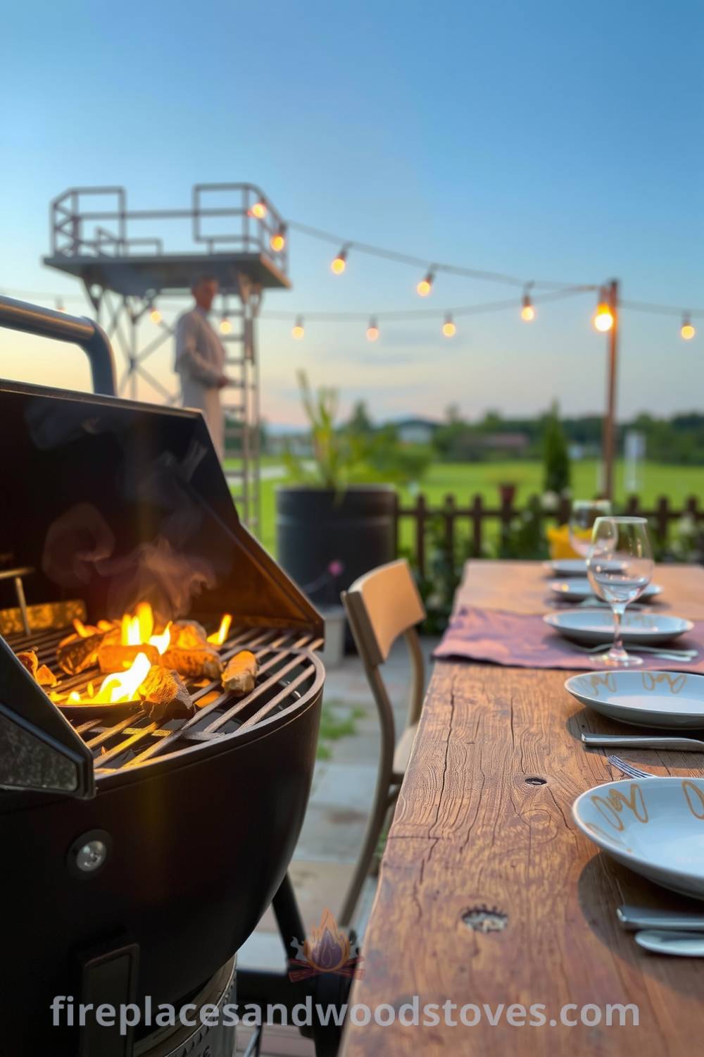 Charcoal barbecue on a sun-kissed patio with blackened grill marks, surrounded by a rustic wooden table set with mismatched plates and glasses, evoking a cozy atmosphere perfect for gatherings, featured on fireplacesandwoodstoves.com.