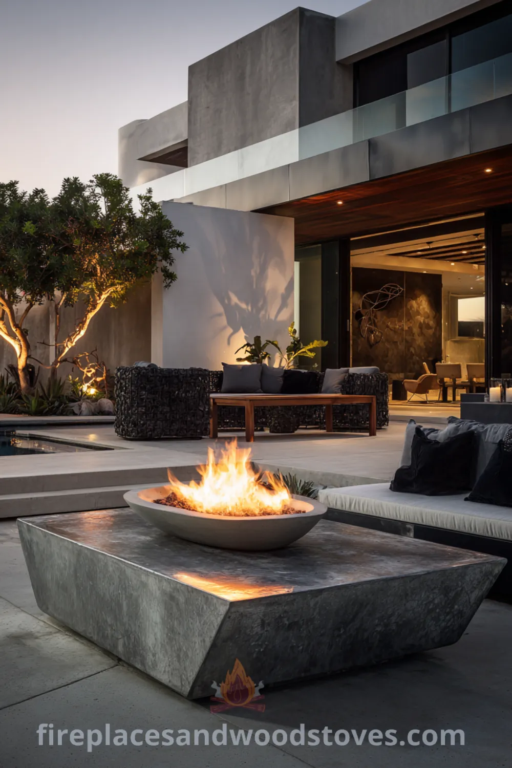 A modern luxury fire pit features polished concrete and basalt stone, set in a curated backyard with sophisticated fire pit area.