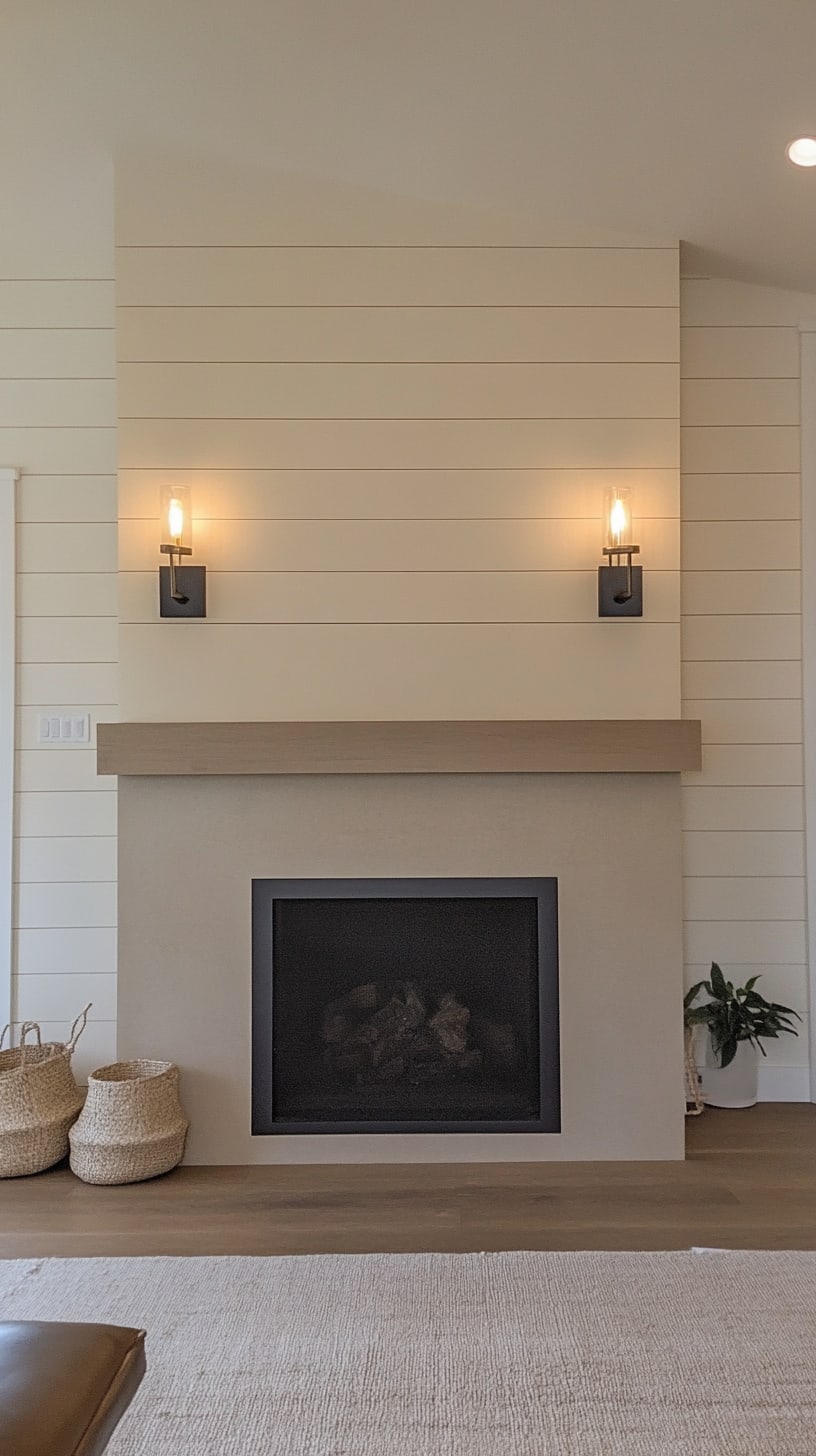A modern farmhouse-style fireplace with shiplap paneling, two wall sconces, and light oak flooring, set in a bright living room.