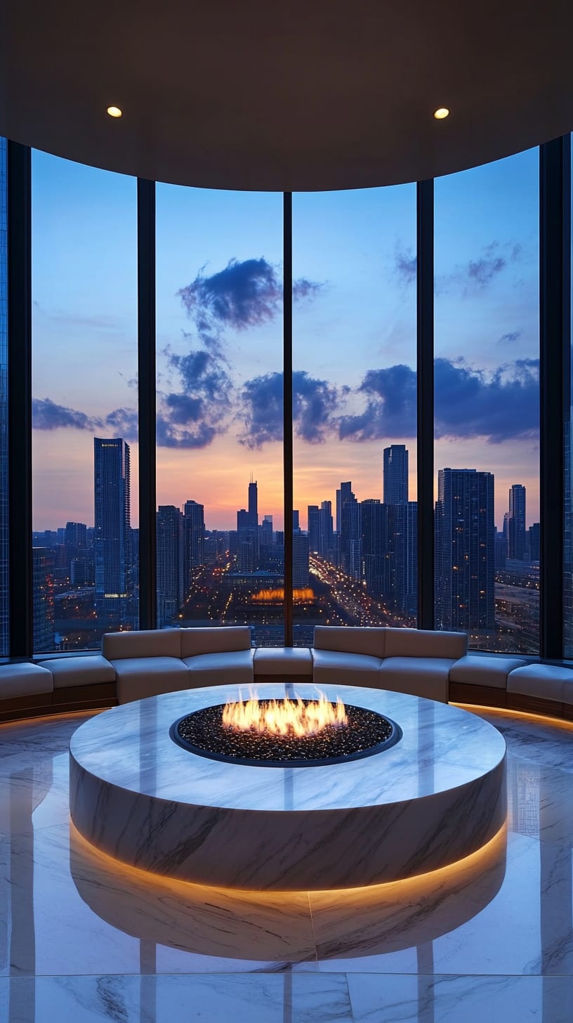 A luxurious circular fireplace surrounded by plush seating and marble accents in an elegant lounge with floor-to-ceiling windows overlooking Chicago