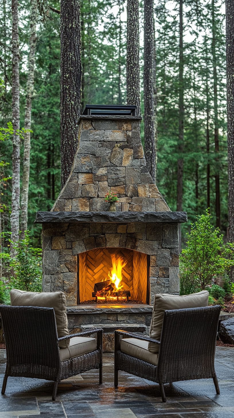 A stone outdoor fireplace surrounded by comfortable seating, set in a natural forest environment.