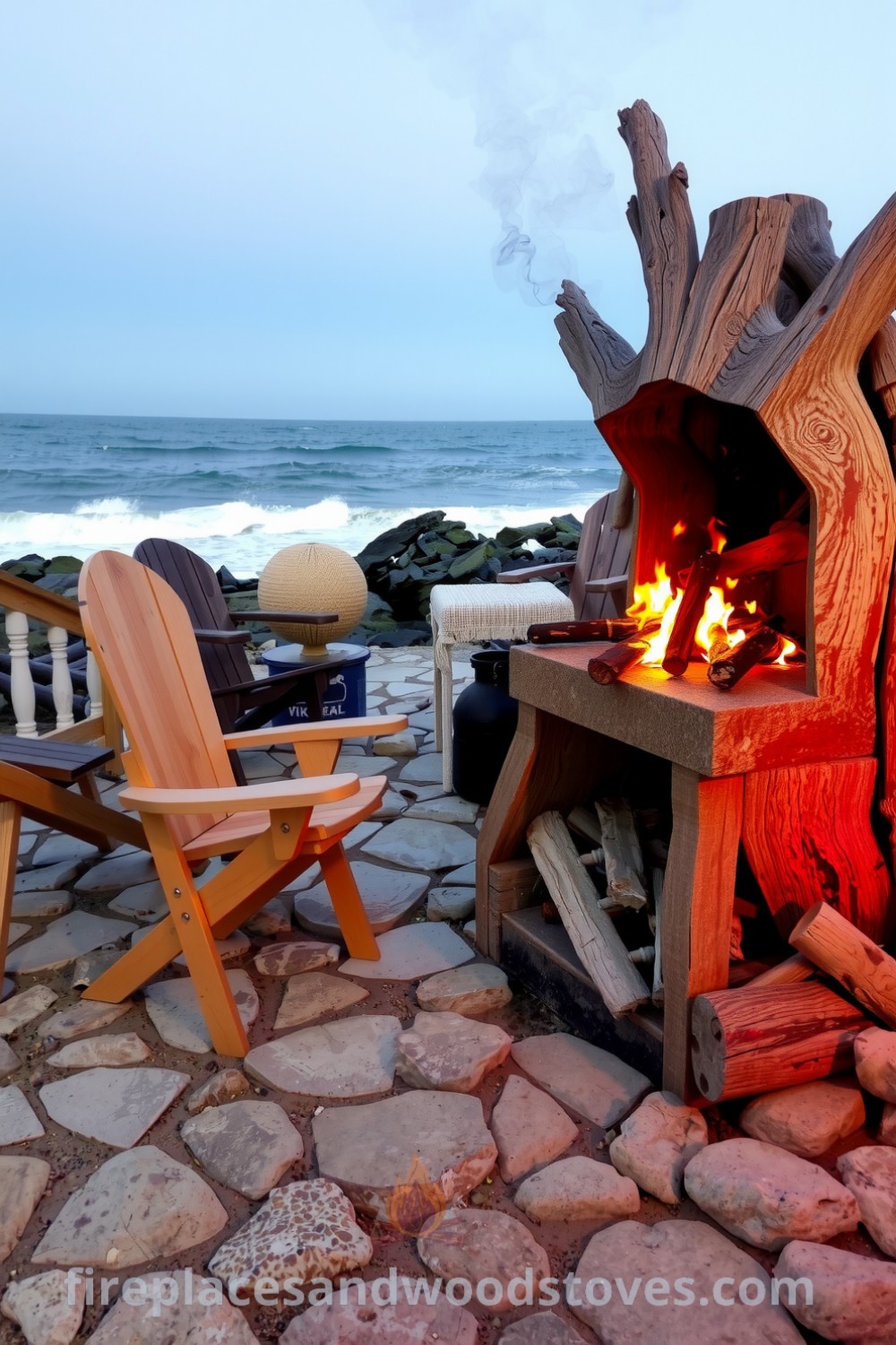 Coastal outdoor barbecue setup featuring sun-bleached driftwood, weathered stones, a wood-fired grill, and mismatched chairs, creating a relaxed atmosphere perfect for gatherings. Explore unique decor ideas for your home at fireplacesandwoodstoves.com.