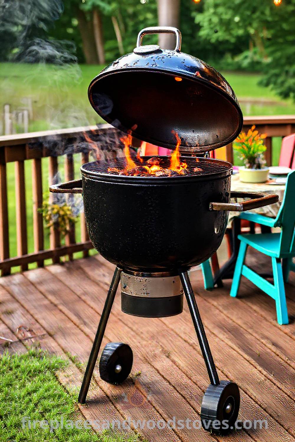 Classic charcoal grill on a wooden deck with flames flickering, surrounded by colorful patio chairs and a table set for summer dining, creating a cozy outdoor atmosphere. Visit patioandhomefurniture.com for incredible ideas that will wow your guests.