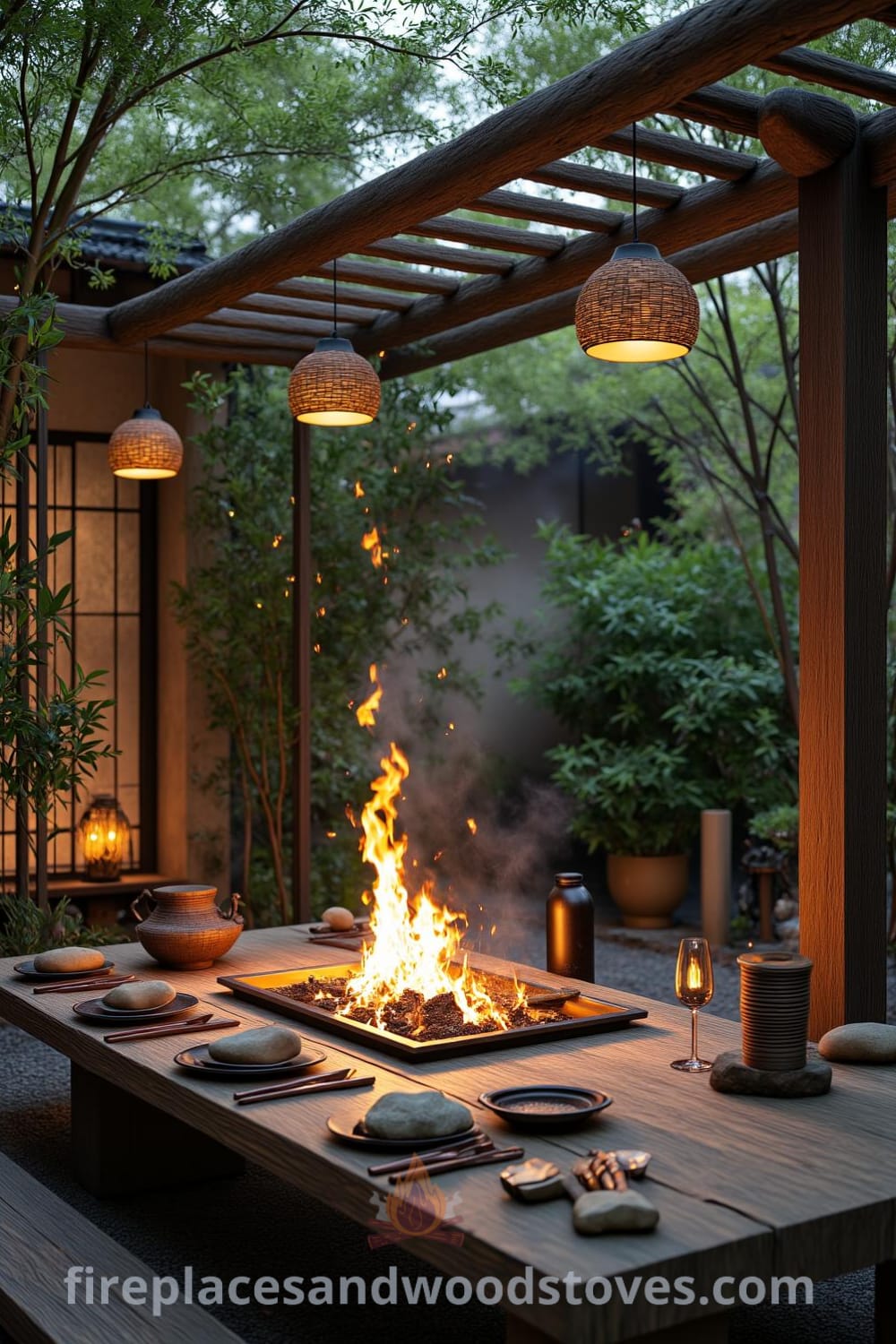Cozy Japanese Zen outdoor barbecue nestled among bamboo groves with rustic wood frames, smooth stones, and dancing flames, creating a warm and inviting atmosphere perfect for gatherings and tranquil meals, featuring unique ideas and inspirations for your cozy home at fireplacesandwoodstoves.com.