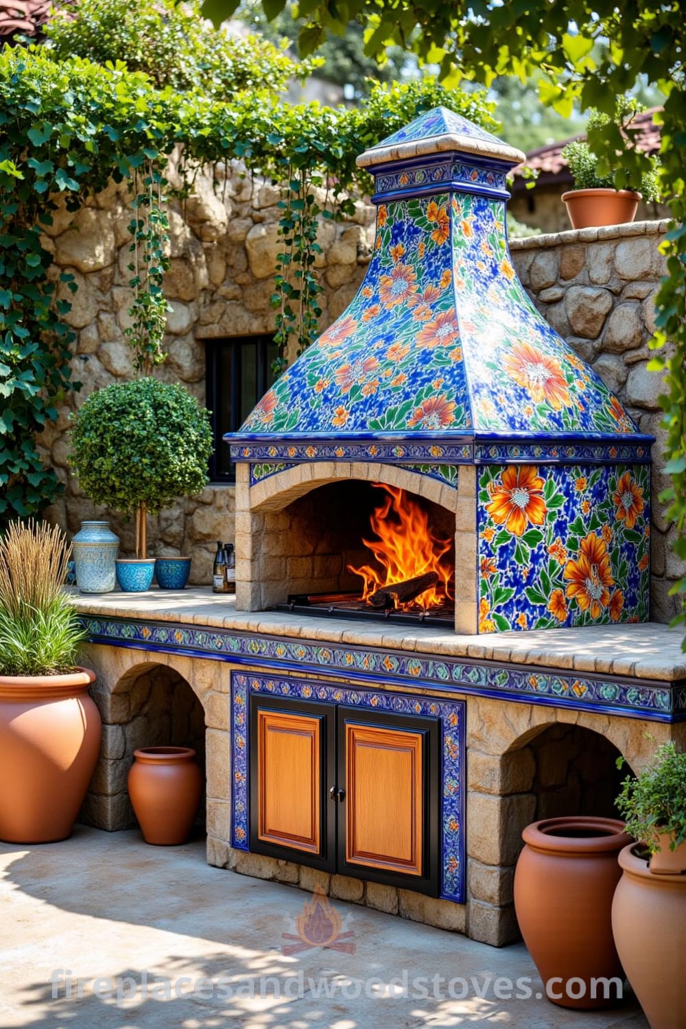 Beautiful Mediterranean tile outdoor barbecue on a sun-drenched patio with vibrant ceramic patterns, surrounded by terracotta pots of herbs and a stone wall, creating a cozy outdoor gathering space ideal for family and friends. Visit fireplacesandwoodstoves.com for more inspiring decor ideas.