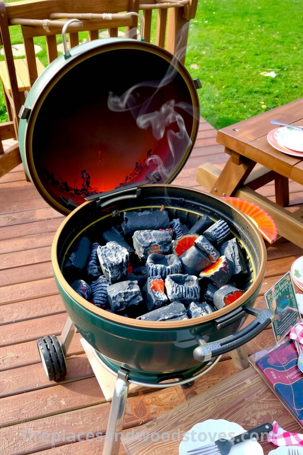 Barbecue grill on a weathered wooden deck with glowing charcoal, smoke curling upwards, and a picnic table set with mismatched plates and utensils, creating a cozy and inviting atmosphere for outdoor gatherings. Visit fireplacesandwoodstoves.com for more cozy home decor ideas.