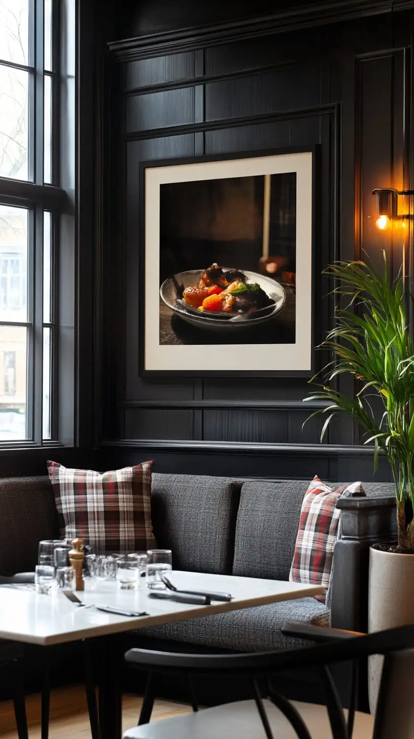 A framed portrait of food is displayed on dark gray walls, with plaid cushions on a sofa and a large window, creating an elegant dining environment.