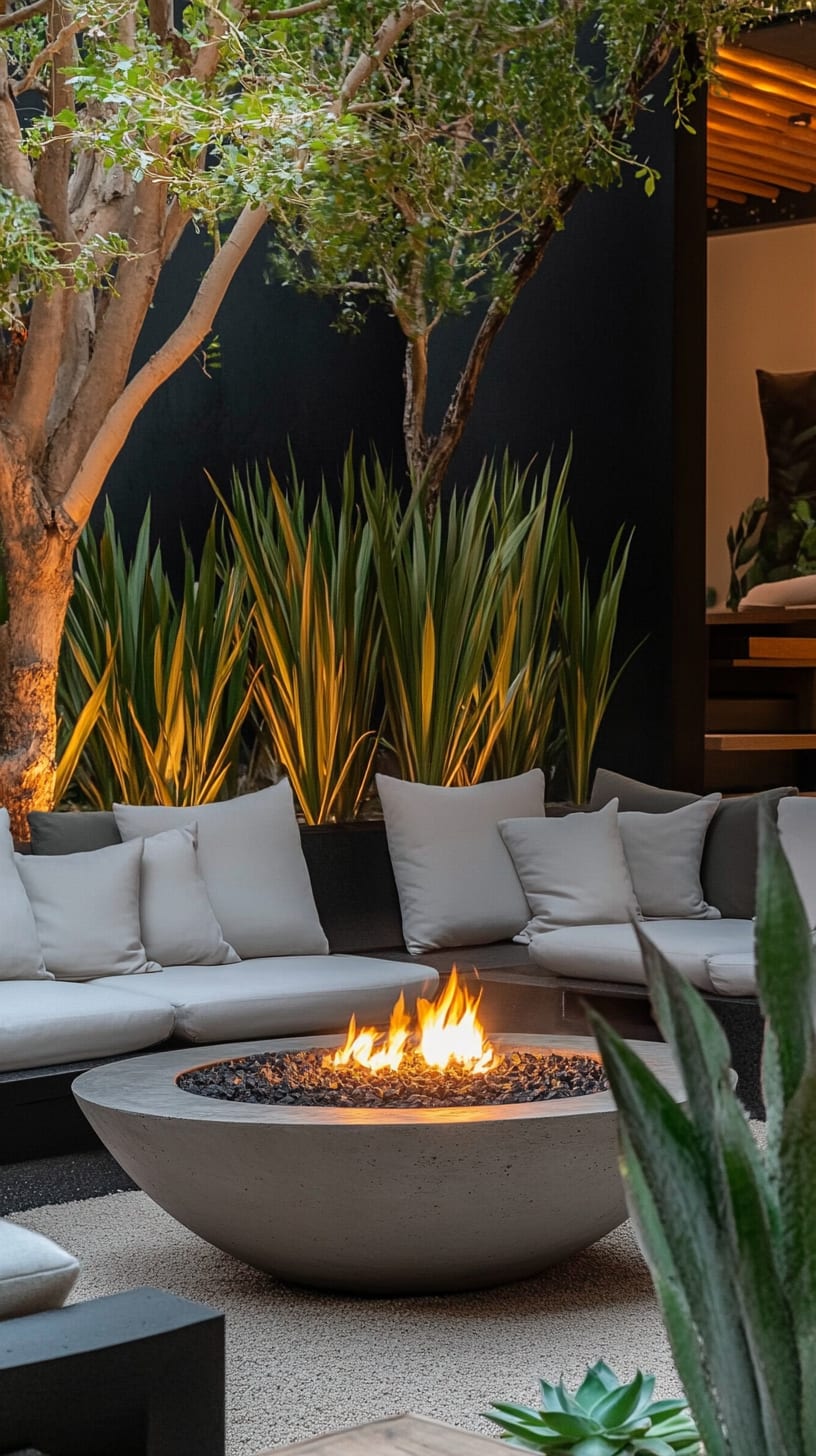 A cozy outdoor living area featuring a concrete fire pit, surrounded by grey sofas and white cushions, with plants and soft lighting creating an inviting atmosphere.